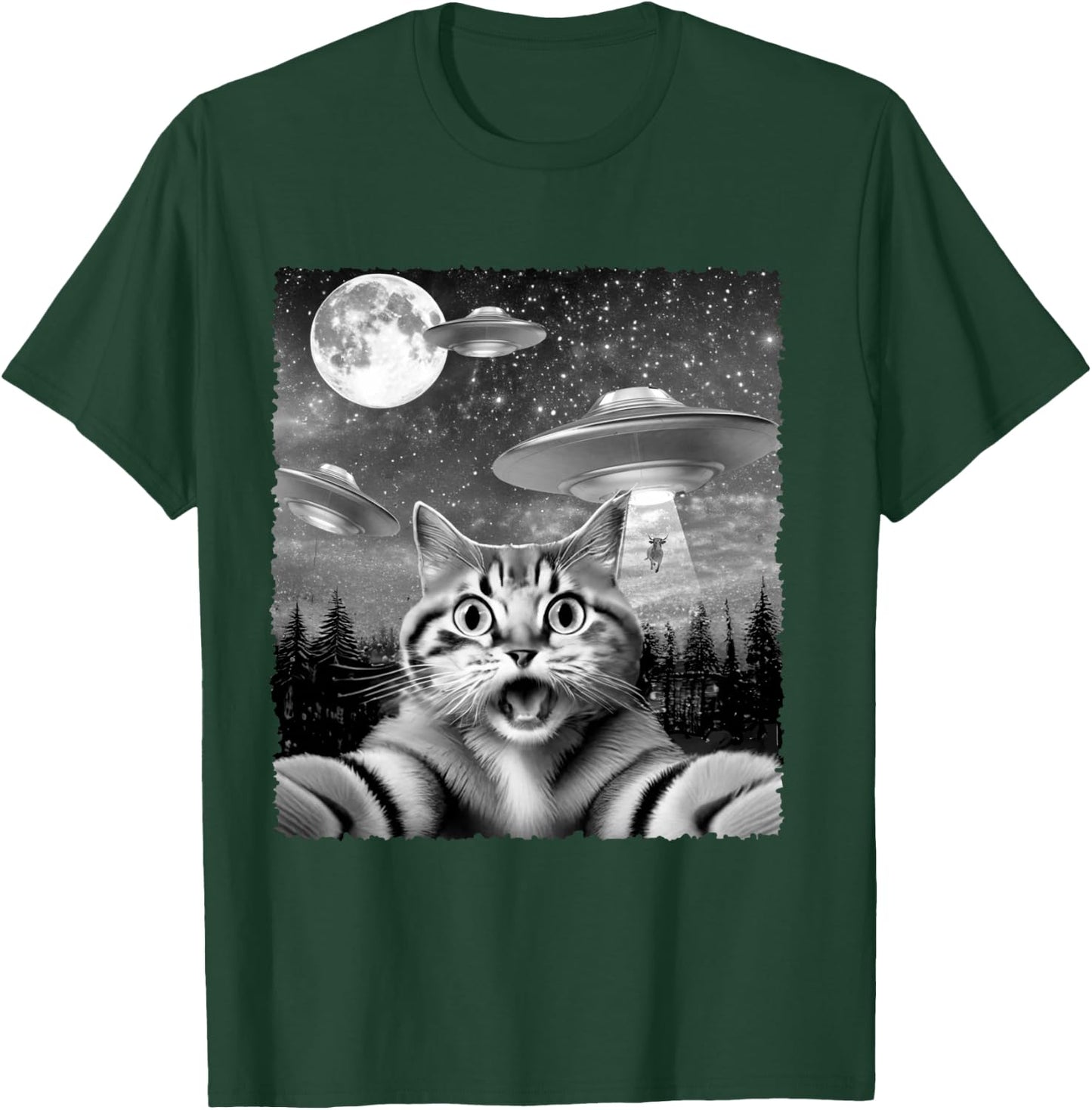 Funny Alien Cat Selfie with UFOs Gift Men Women Kids T-Shirt - T-Shirt | Forest