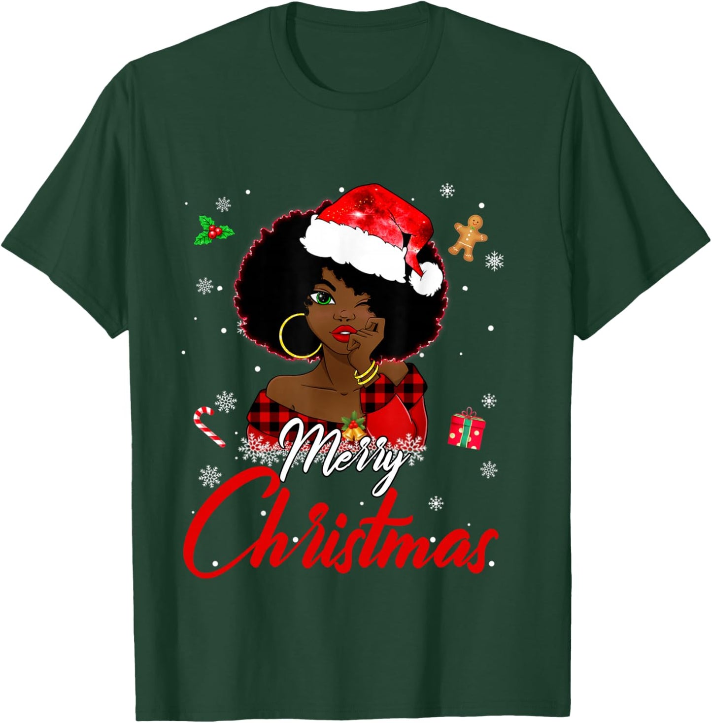 Black African Girl American Melanin Christmas Santa Hat Xmas T-Shirt - T-Shirt | Forest