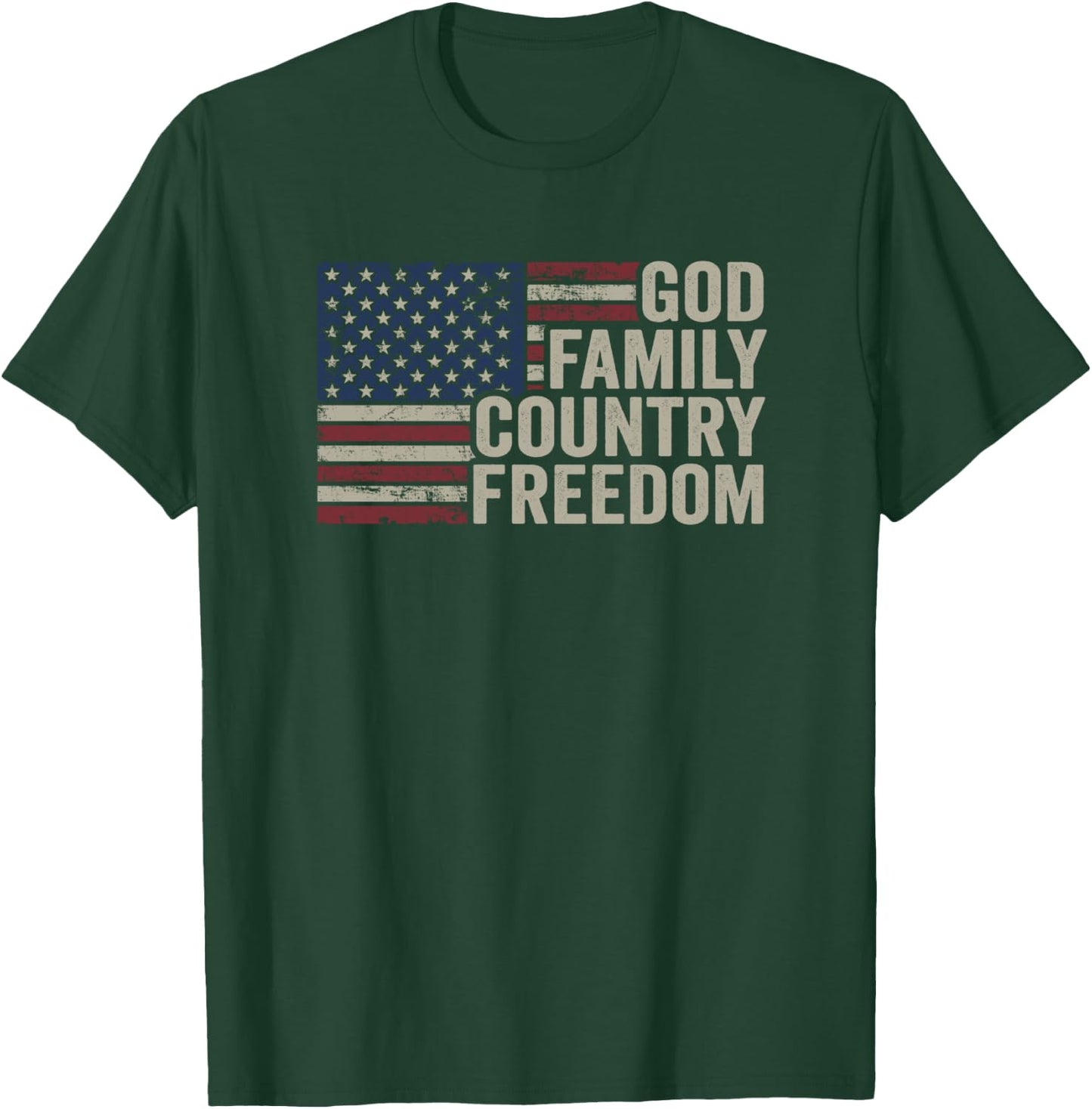 God Family Country Freedom - 4th July USA Flag Christian T-Shirt - T-Shirt | Forest