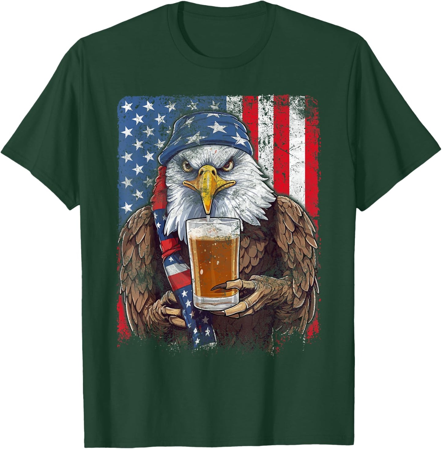 Eagle Beer Drinking USA Flag Patriotic Eagle 4th Of July Men T-Shirt - T-Shirt | Forest
