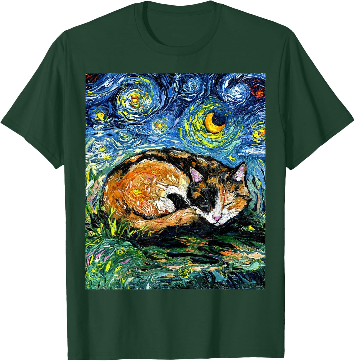 Sleeping Calico Cat Starry Night Animal Lover Pet Artwork T-Shirt - T-Shirt | Forest
