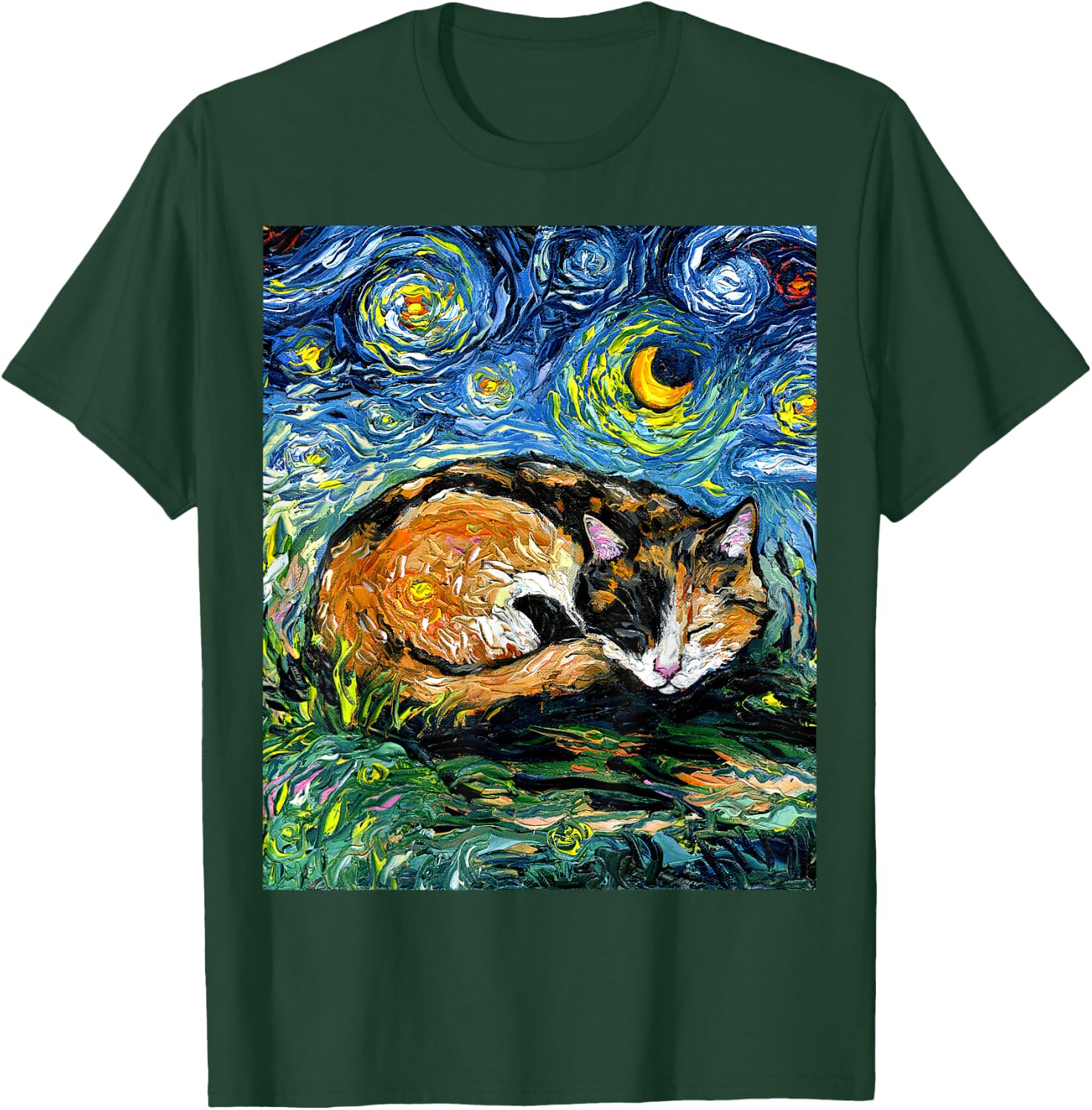 Sleeping Calico Cat Starry Night Animal Lover Pet Artwork T-Shirt - T-Shirt | Forest