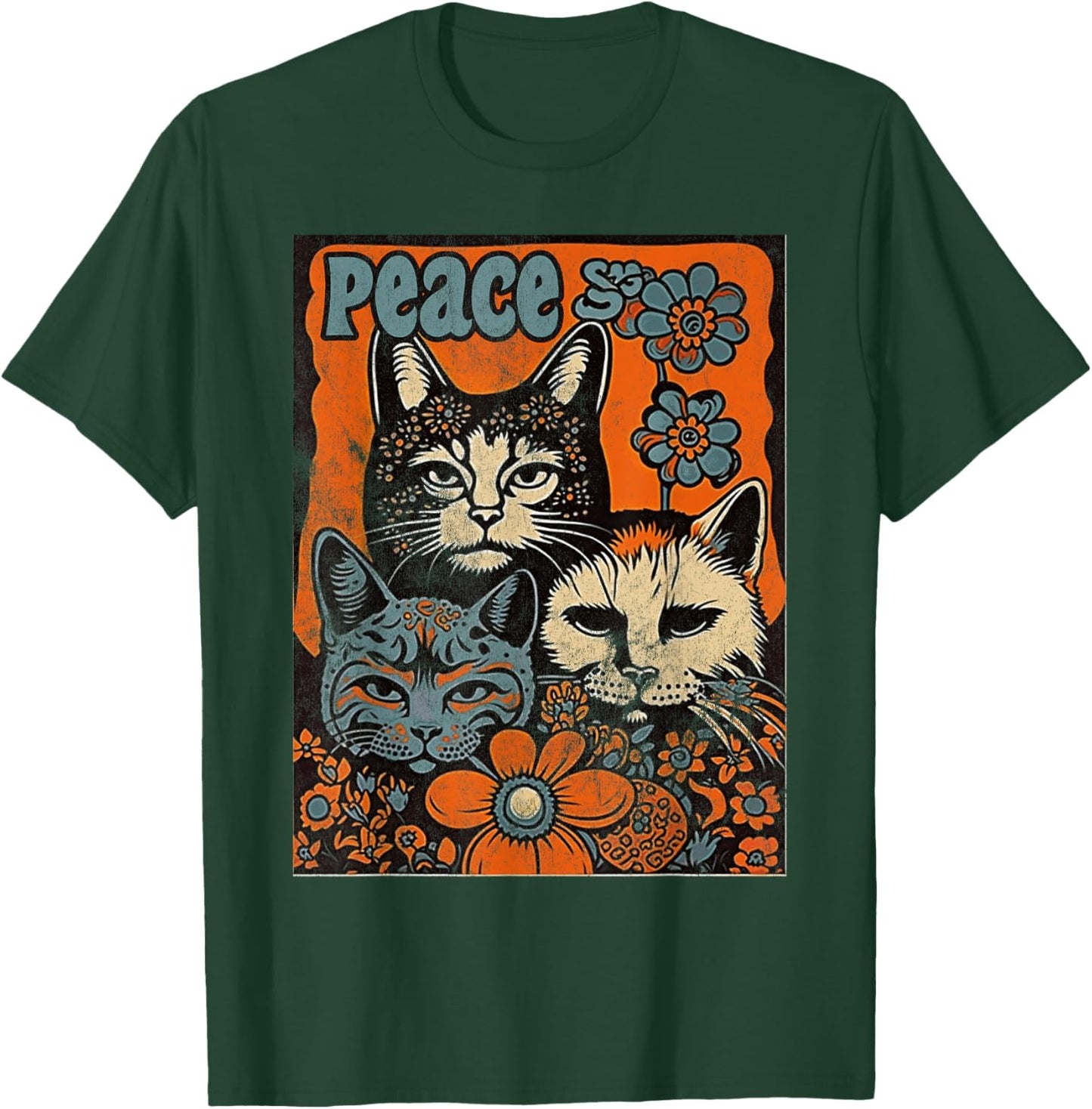 Cat Funny 60s 70s Hippie Vintage Flowers Groovy Psychedelic Men Women T-Shirt - T-Shirt | Forest