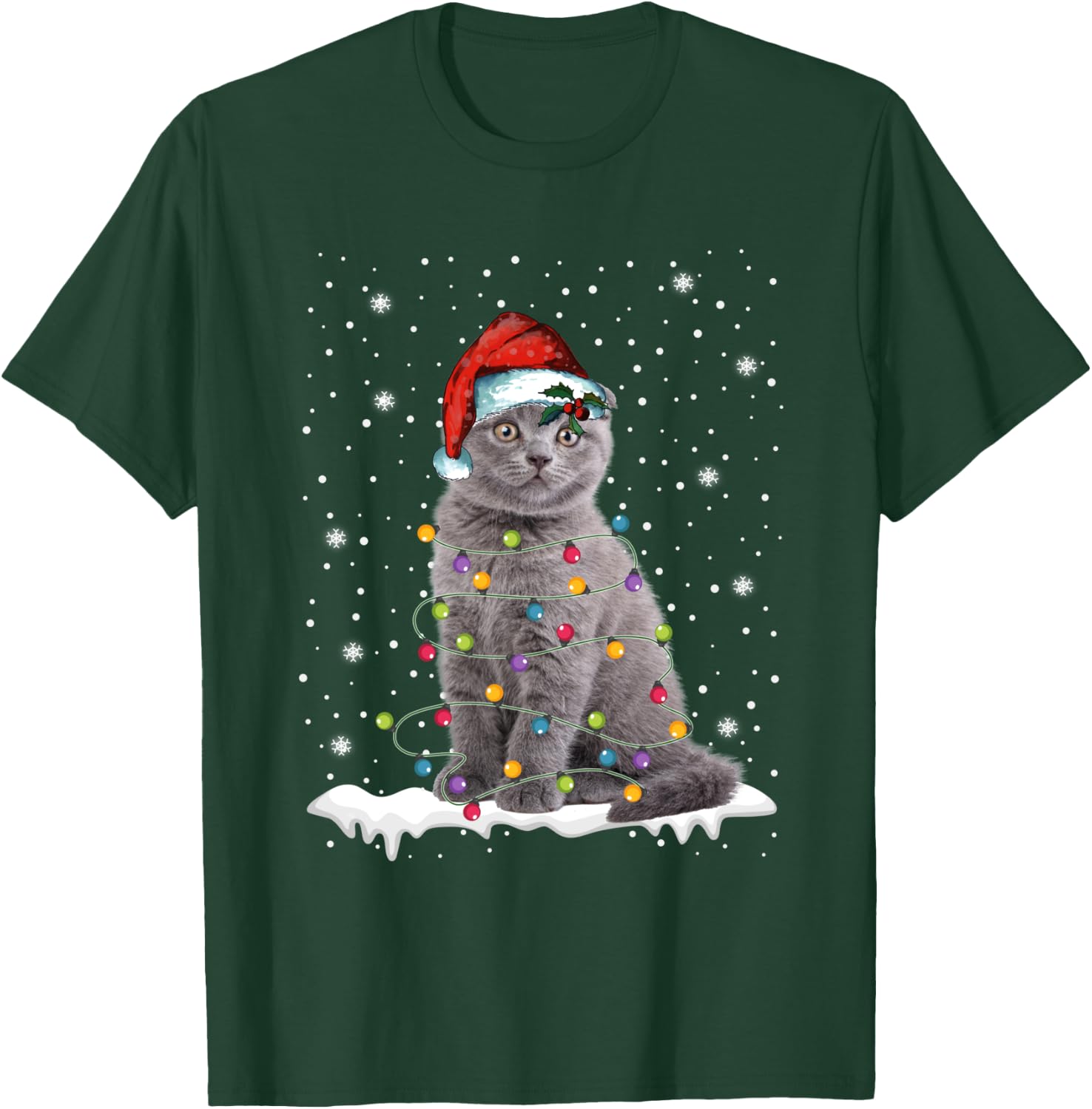 Scottish Fold Cat Funny Christmas Lights Sweater Xmas Kitten T-Shirt - T-Shirt | Forest