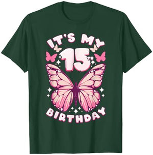 15th Birthday Girl 15 Years Old Butterflies and Number T-Shirt - T-Shirt | Forest