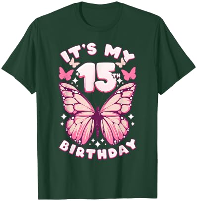 15th Birthday Girl 15 Years Old Butterflies and Number T-Shirt - T-Shirt | Forest