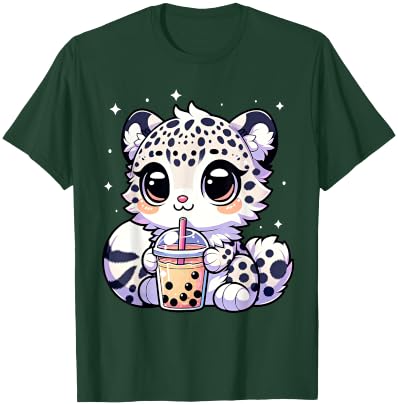 Kawaii Anime Snow Leopard Boba Bubble Tea Lover T-Shirt - T-Shirt | Forest