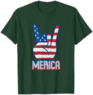 Merica Rock Sign 4th of July Vintage American Flag Retro USA Women Kids Men T-Shirt - T-Shirt | Forest
