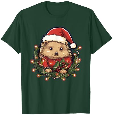 Cute Hedgehog Christmas Lights Santa Hat Xmas Pajama T-Shirt - T-Shirt | Forest