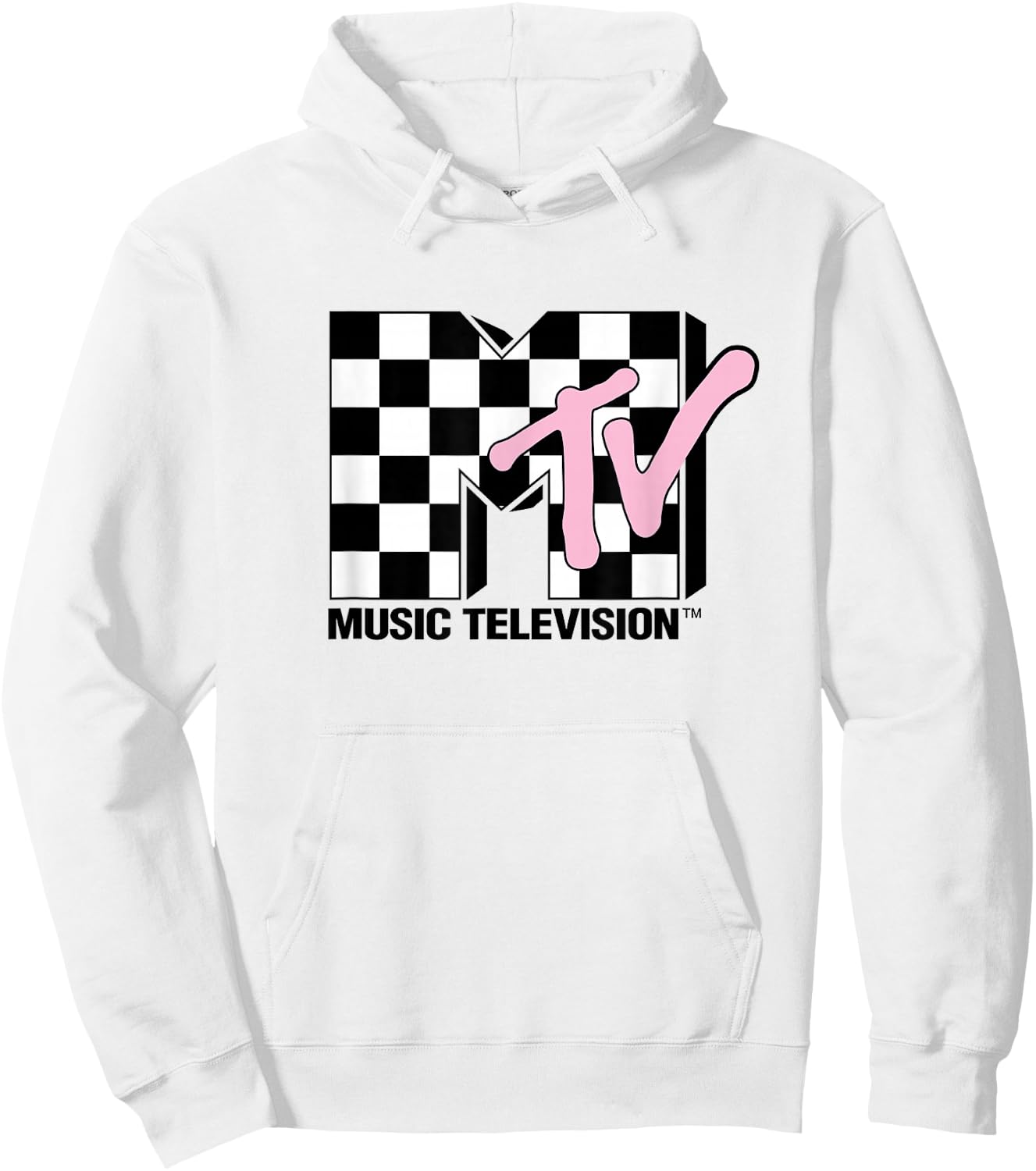 MTV Music Television Retro 80's Pink Neon Checkerboard Logo Hoodie - Hoodie | White