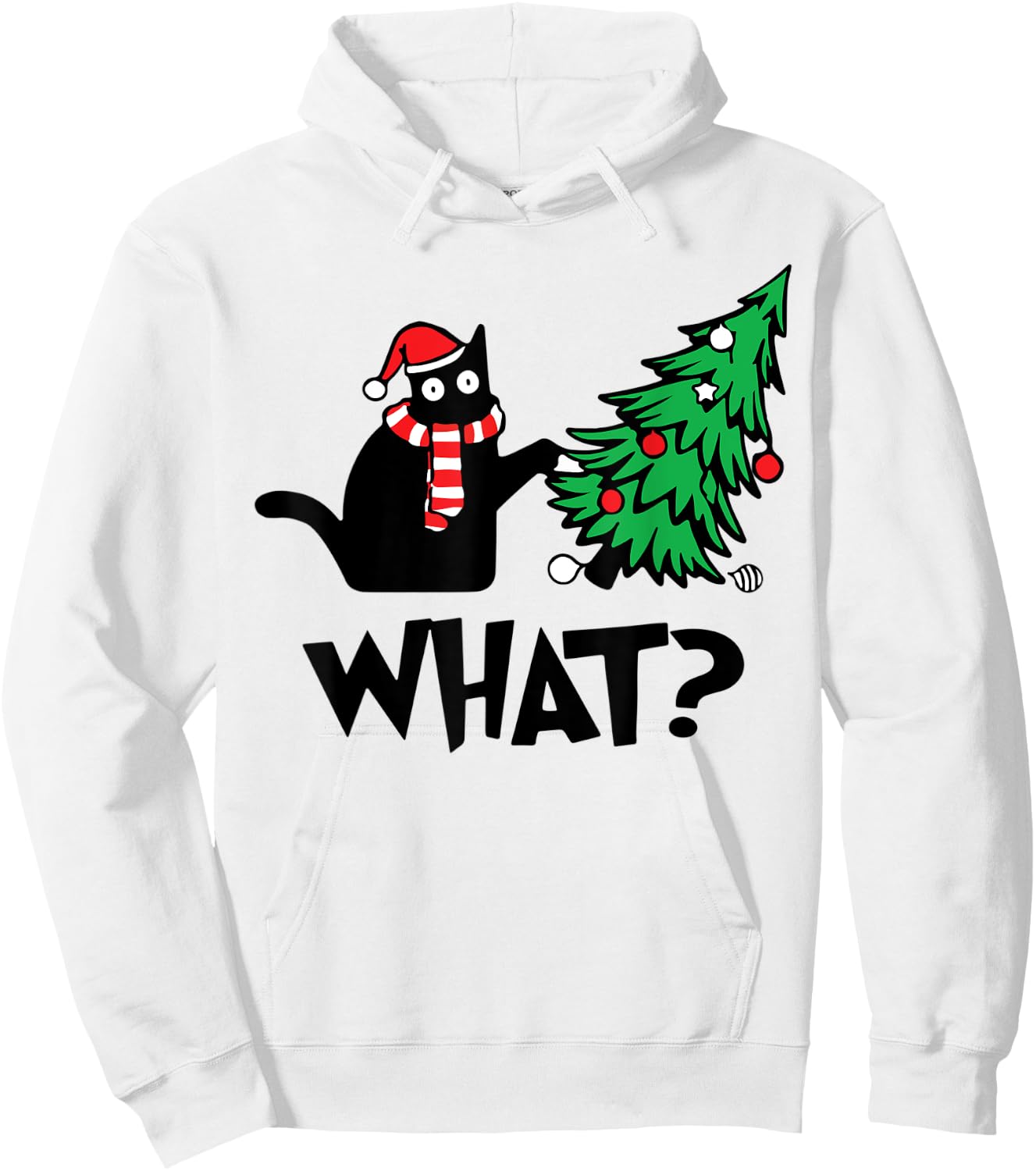 Funny Black Cat Gifts Pushing Christmas Tree Over Cat What? Hoodie - Hoodie | White