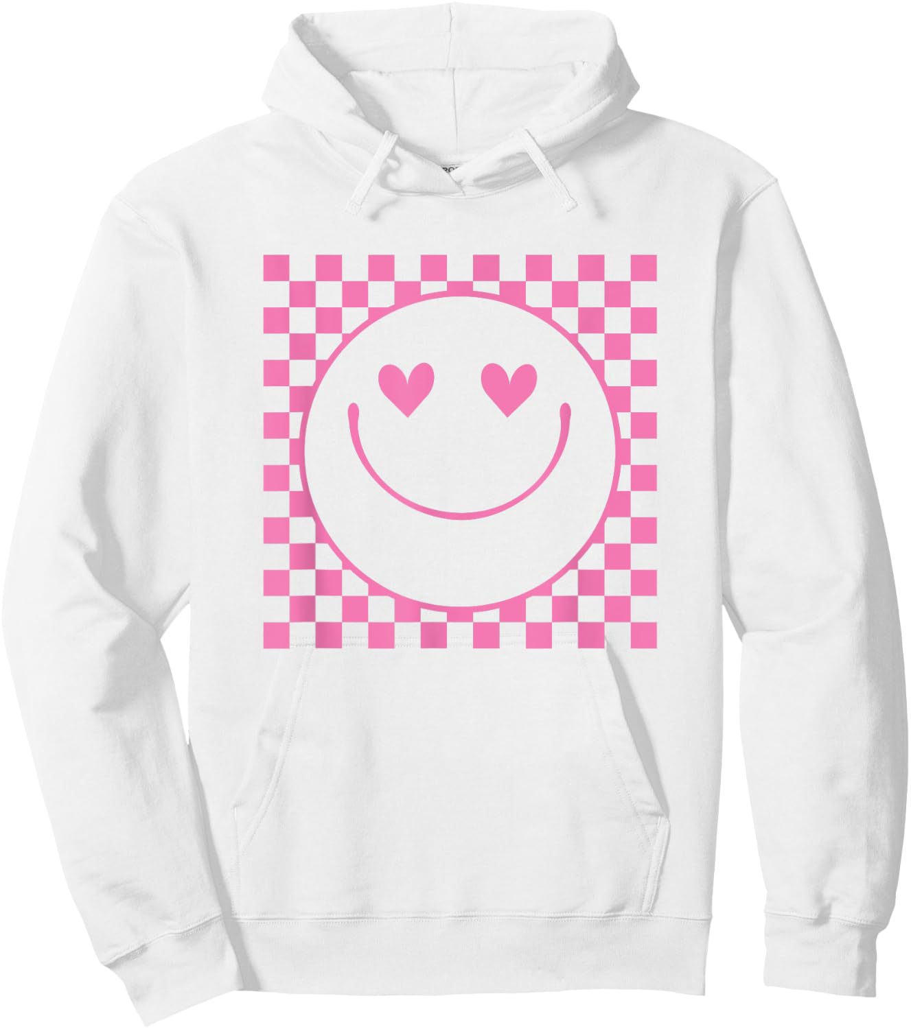 Pink Heart Eyes Smile Face Checkered Pattern Cute Happy Face Hoodie - Hoodie | White