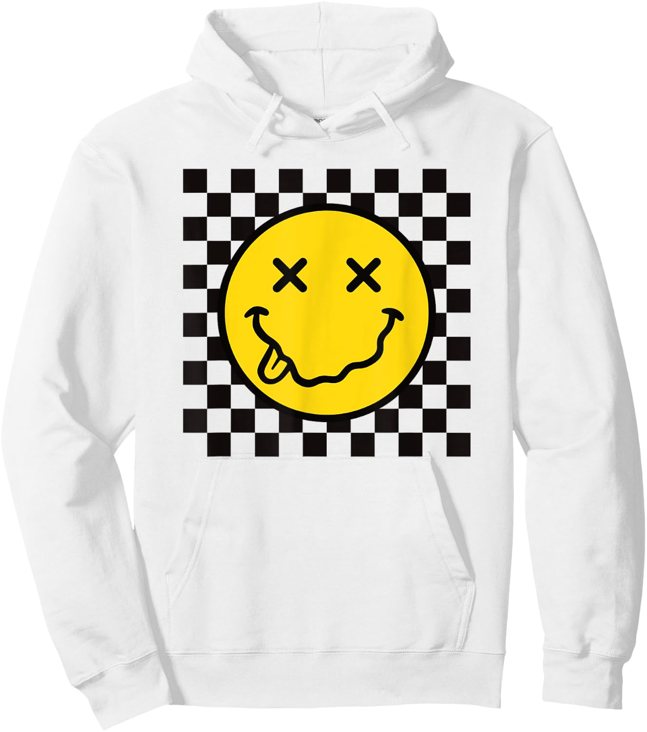 70s Yellow Smile Face Funny Tongue Out Checkered Happy Face Hoodie - Hoodie | White