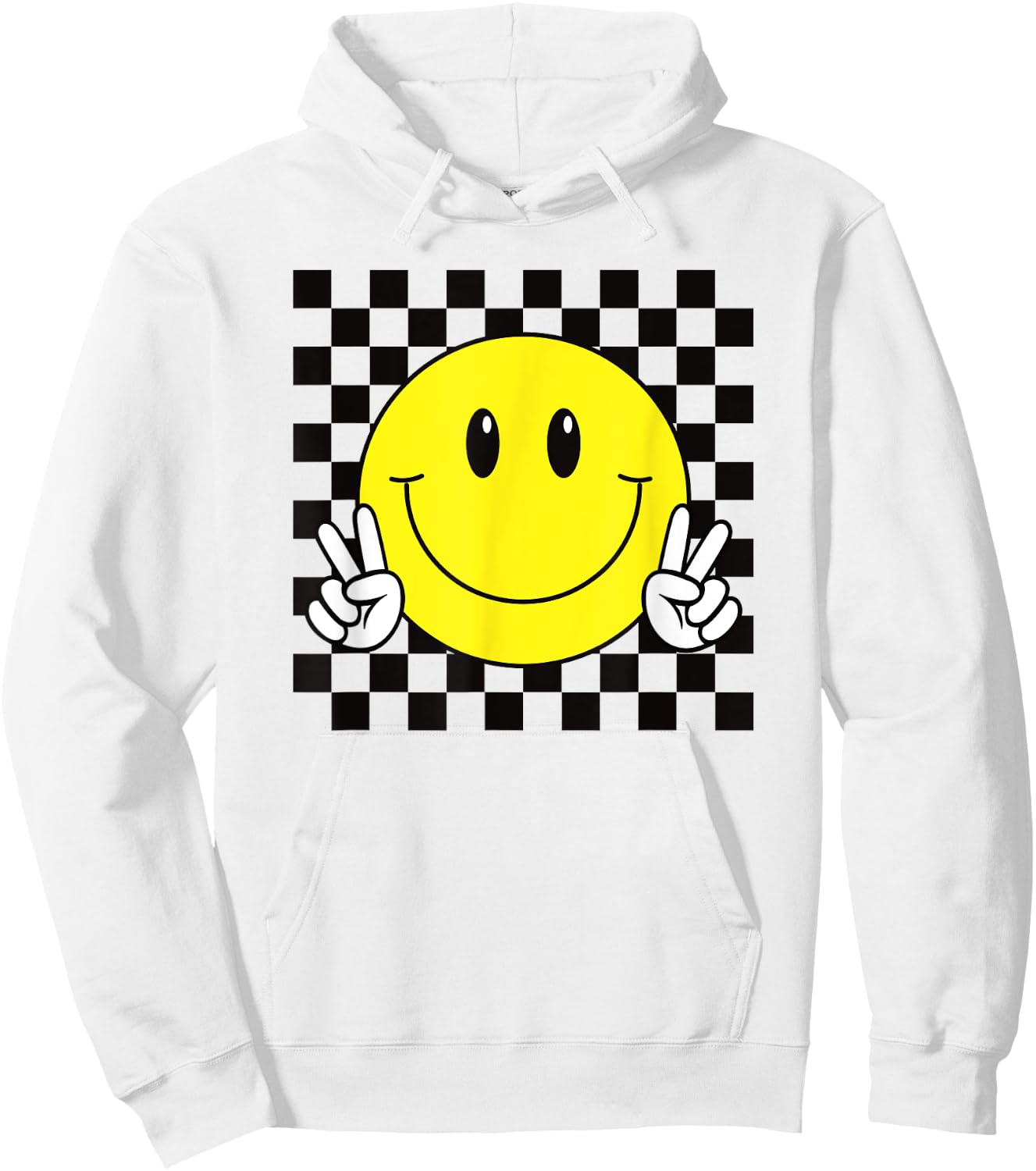 Yellow Smile Face Cute Checkered Peace Smiling Happy Face Hoodie - Hoodie | White