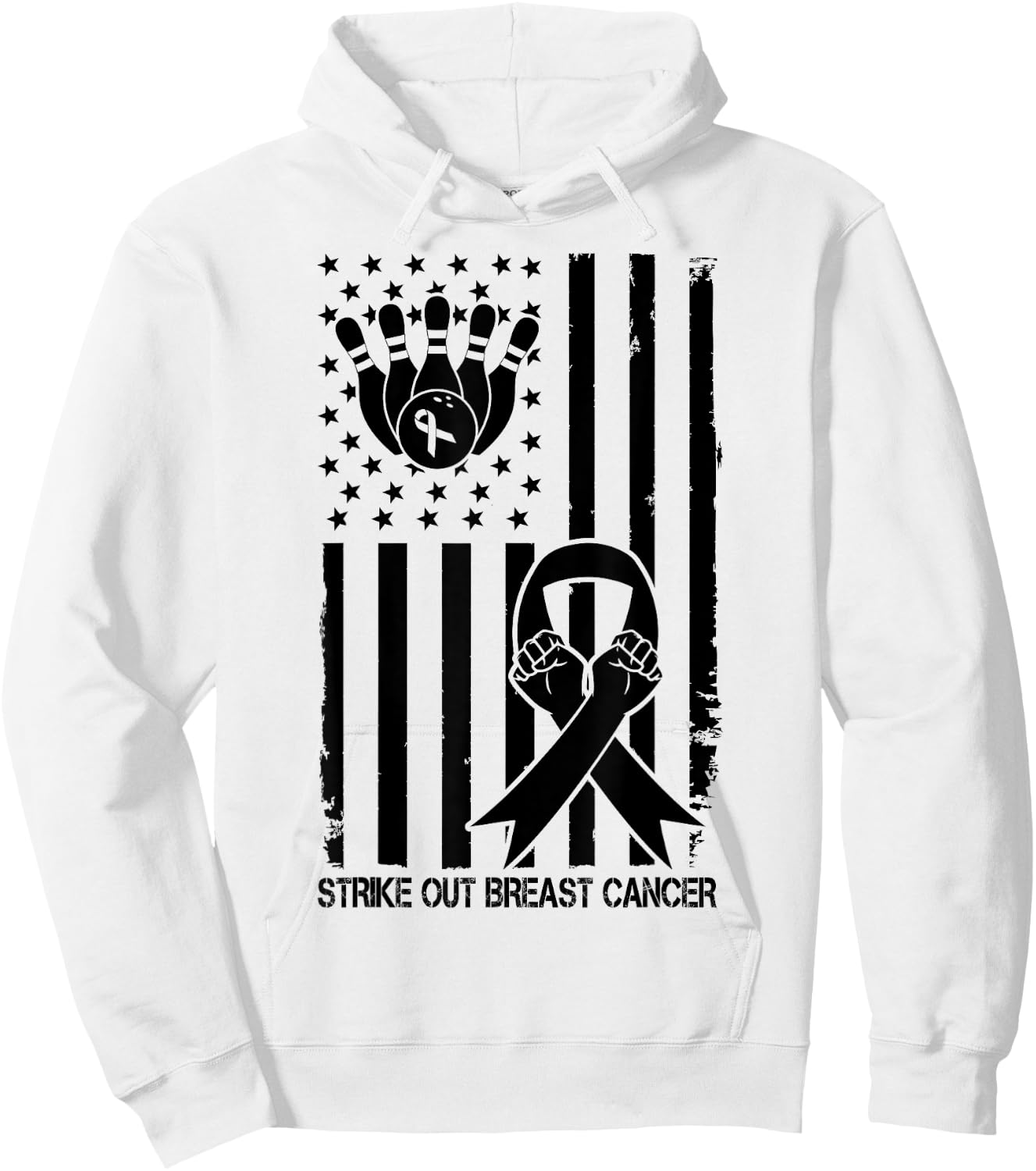 Strike Out Bowling Ribbon USA Flag Breast Cancer Awareness Kids Men Hoodie - Hoodie | White