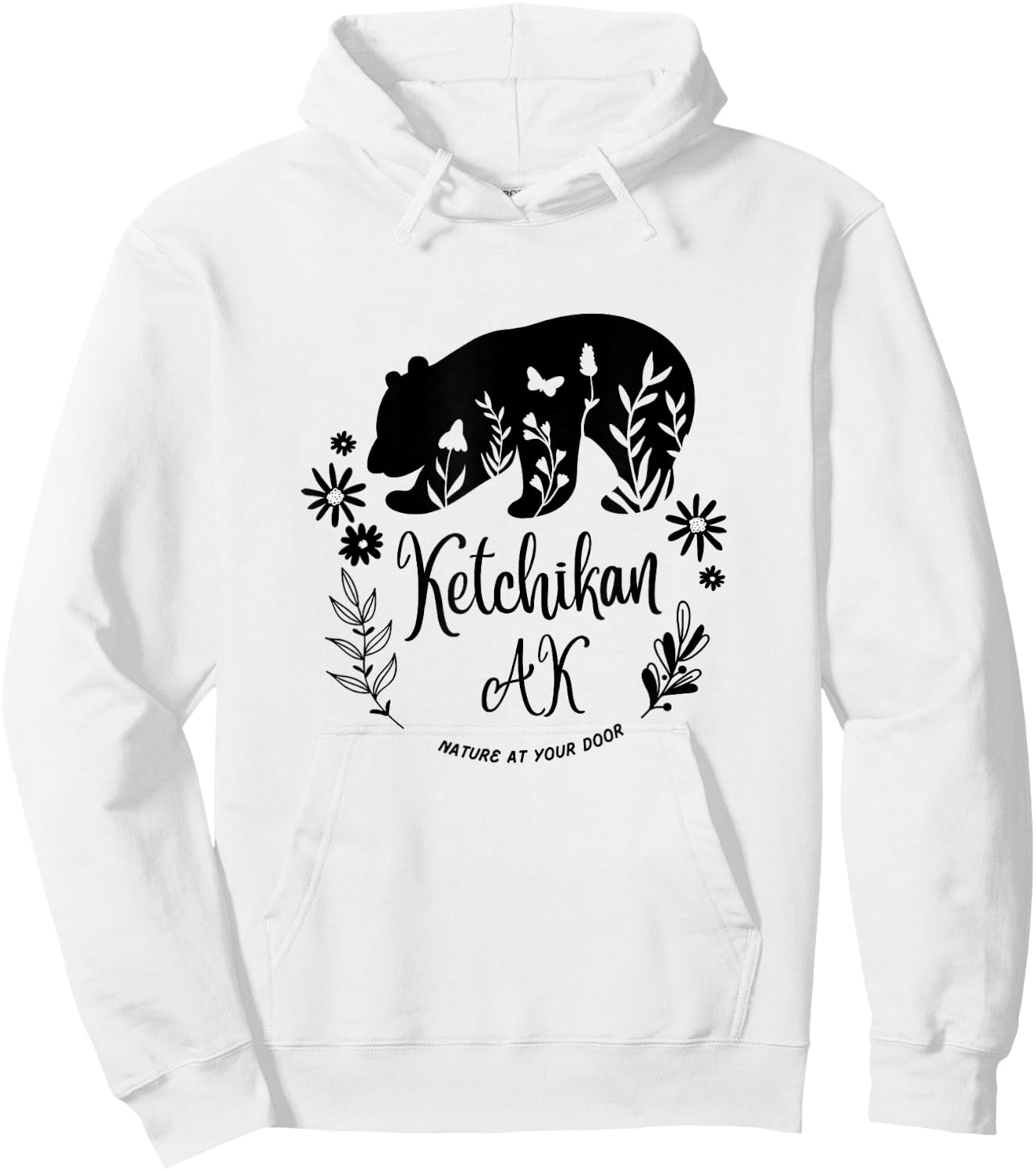 Ketchikan Alaska Bear & Flowers Nature At Your Door Design Hoodie - Hoodie | White
