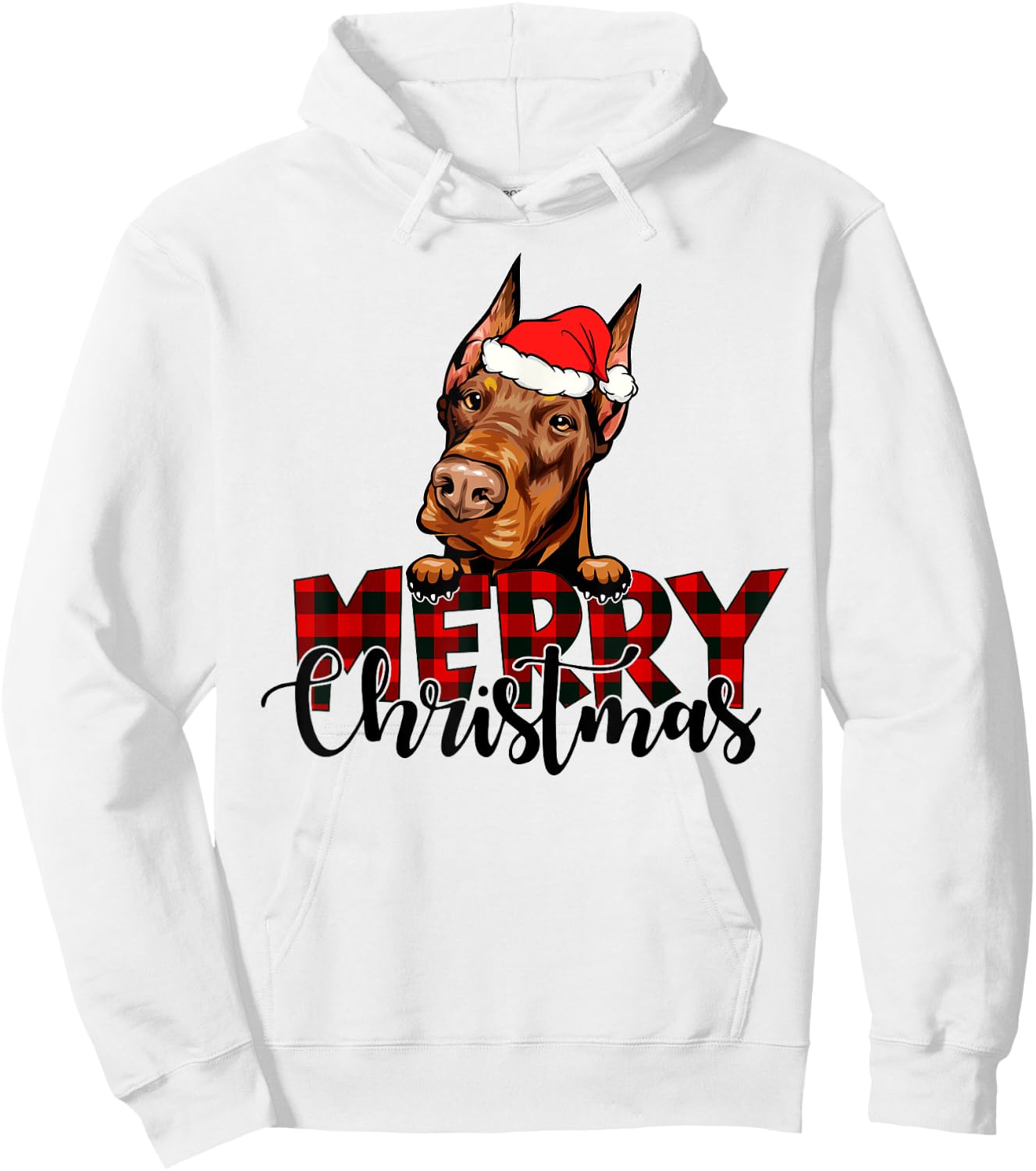 Merry Christmas Doberman Dog Christmas Red Plaid Santa Hat Hoodie - Hoodie | White