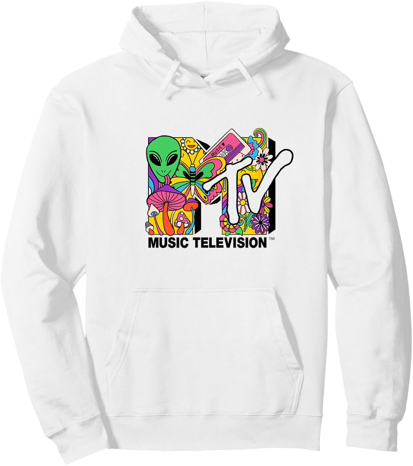 Mademark x MTV - The official MTV Logo with mushrooms aliens and flowers Hoodie - Hoodie | White