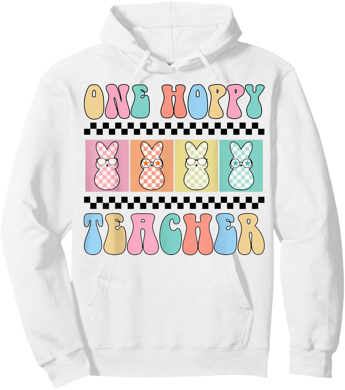 One Hoppy Teacher Bunny Easter Day Groovy Retro Boy Girl Hoodie - Hoodie | White