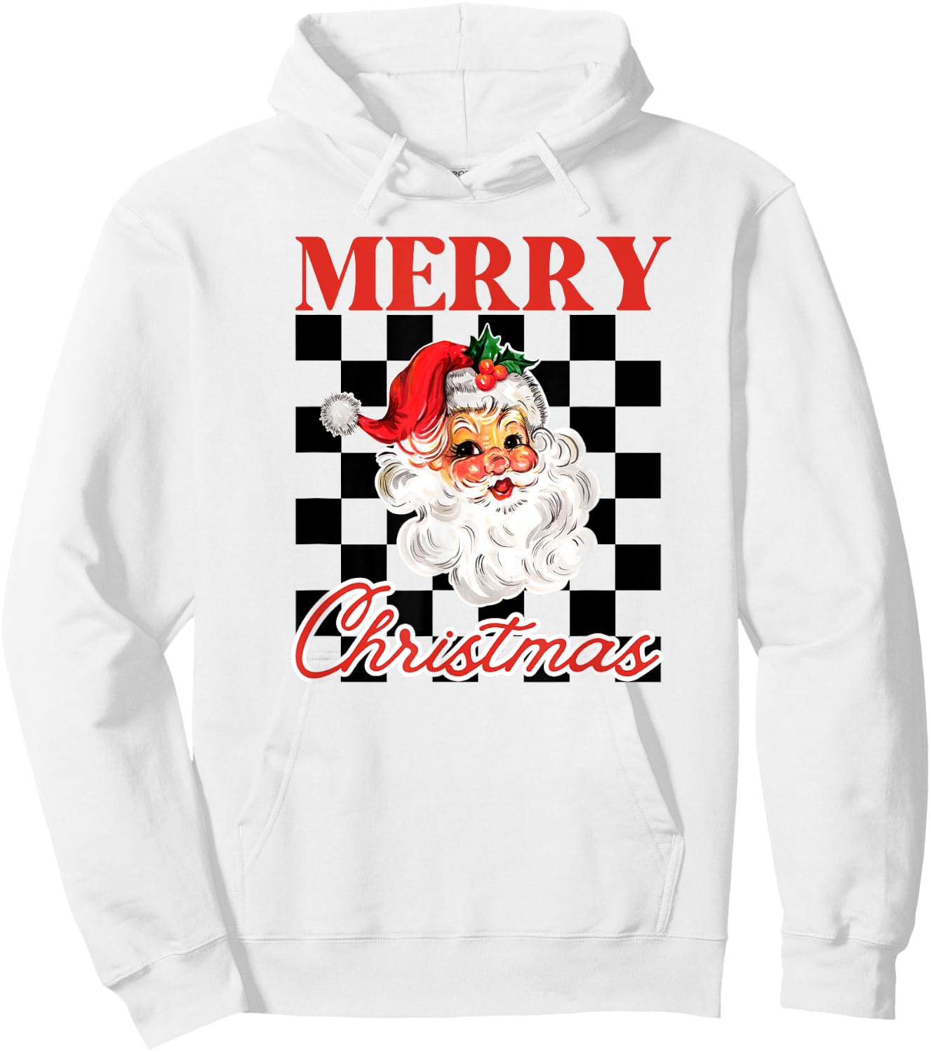 Retro Merry Christmas Checkered Vintage Santa Hoodie - Hoodie | White