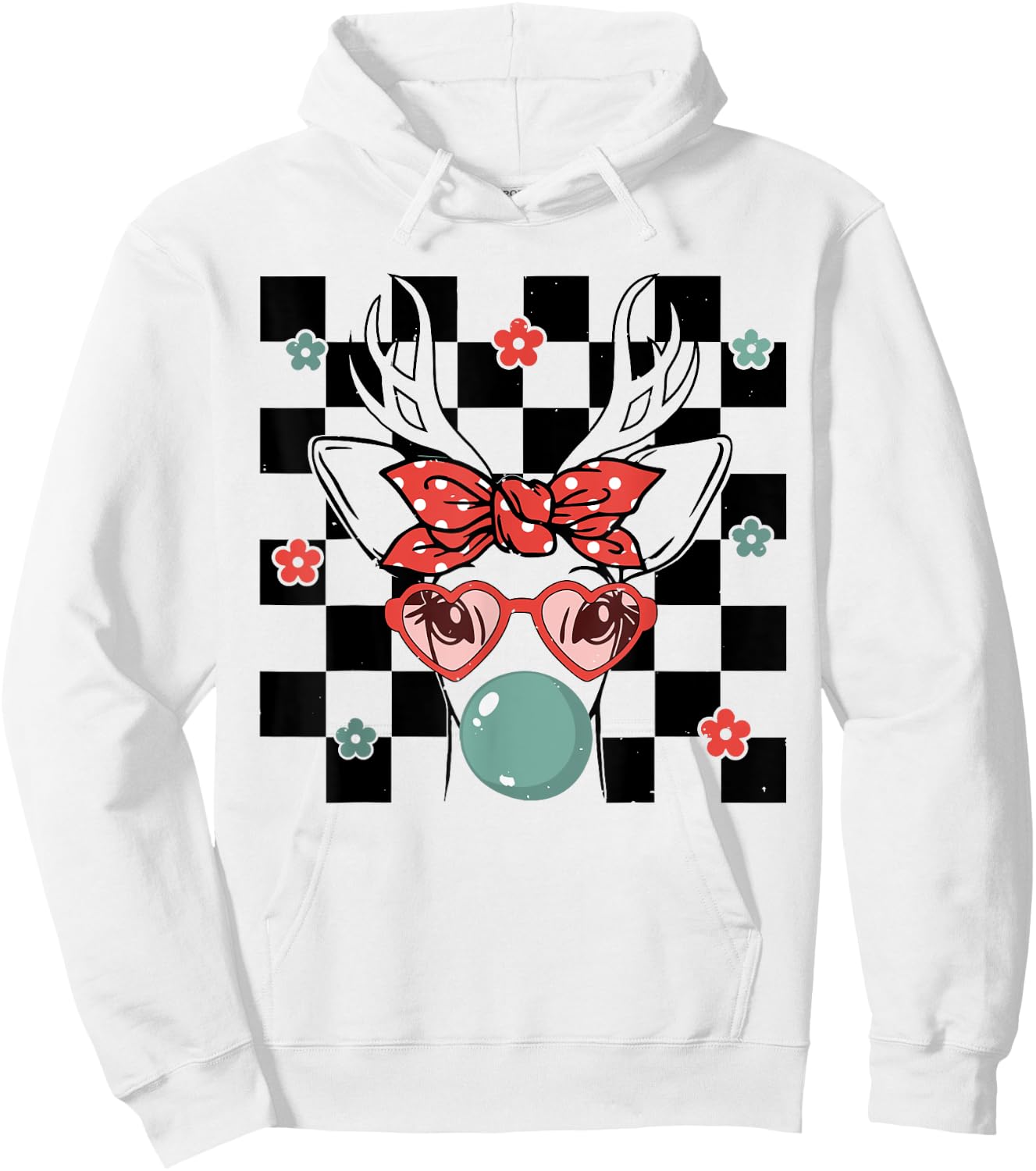 Cute Reindeer Wearing Glasses Bubblegum Checkered Christmas Hoodie - Hoodie | White