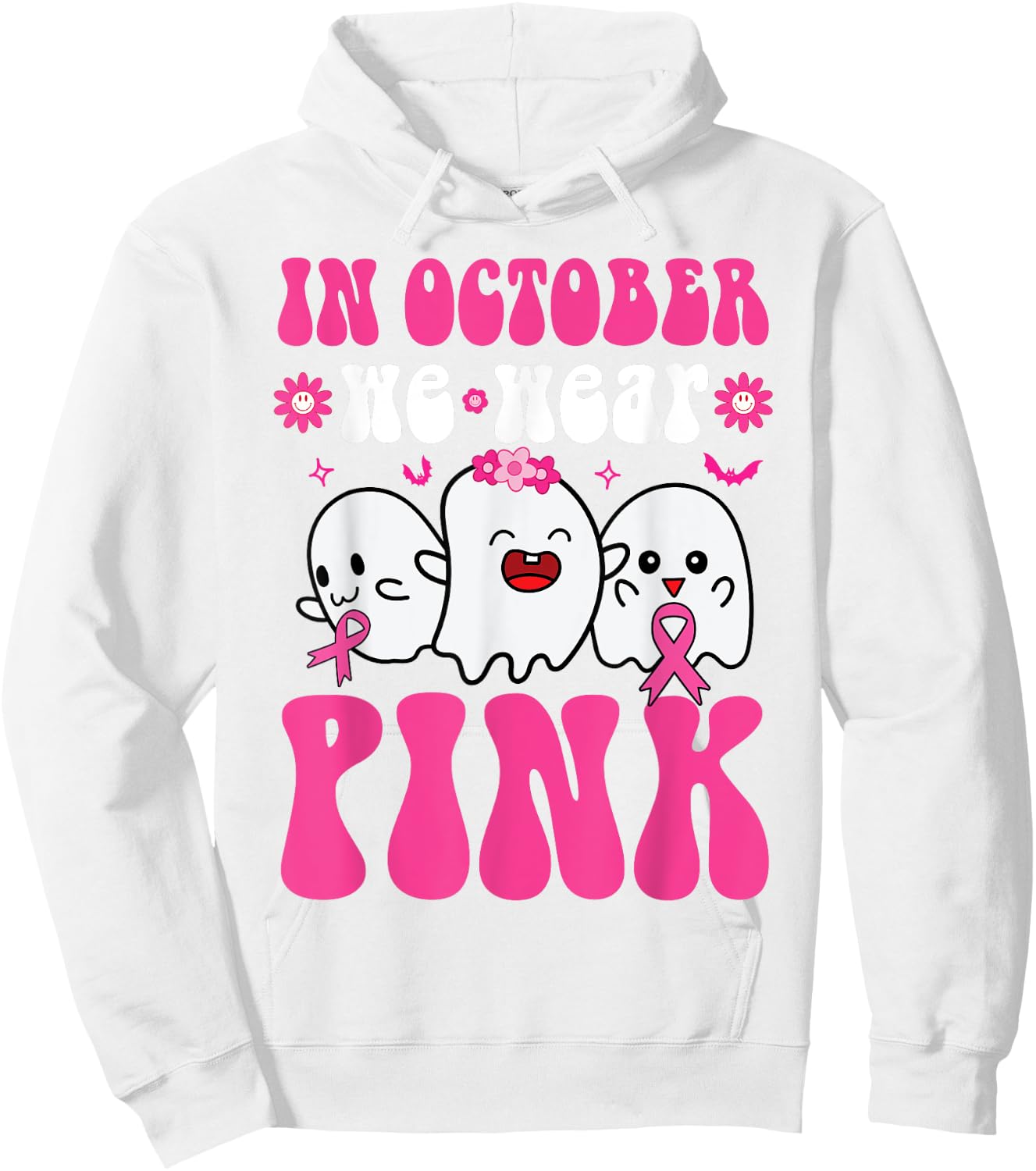 Groovy Wear Pink Breast Cancer Warrior Ghost Halloween Girls Hoodie - Hoodie | White