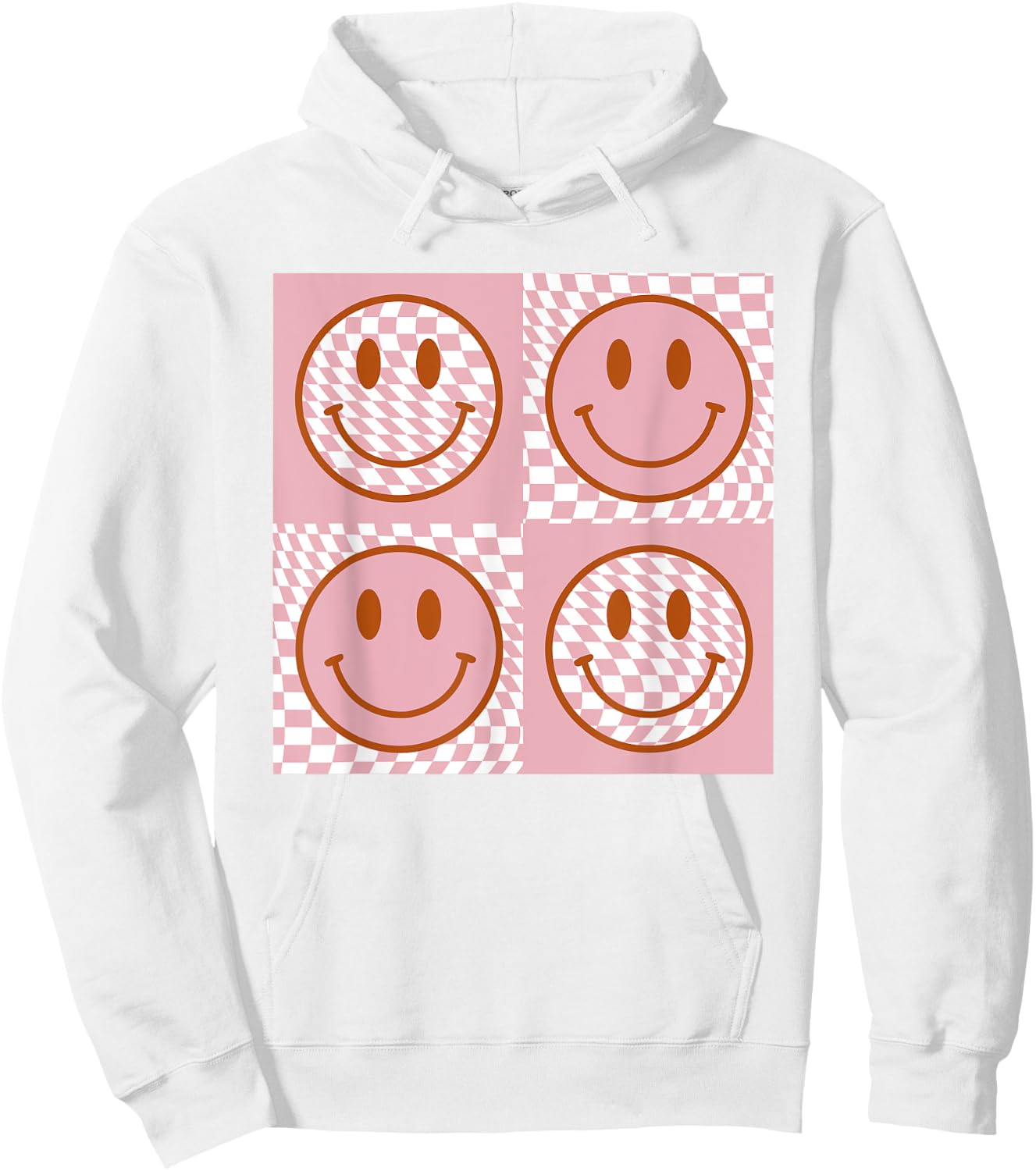 Checkered Pattern Happy Face Shirt Retro Pink Smile Face Hoodie - Hoodie | White