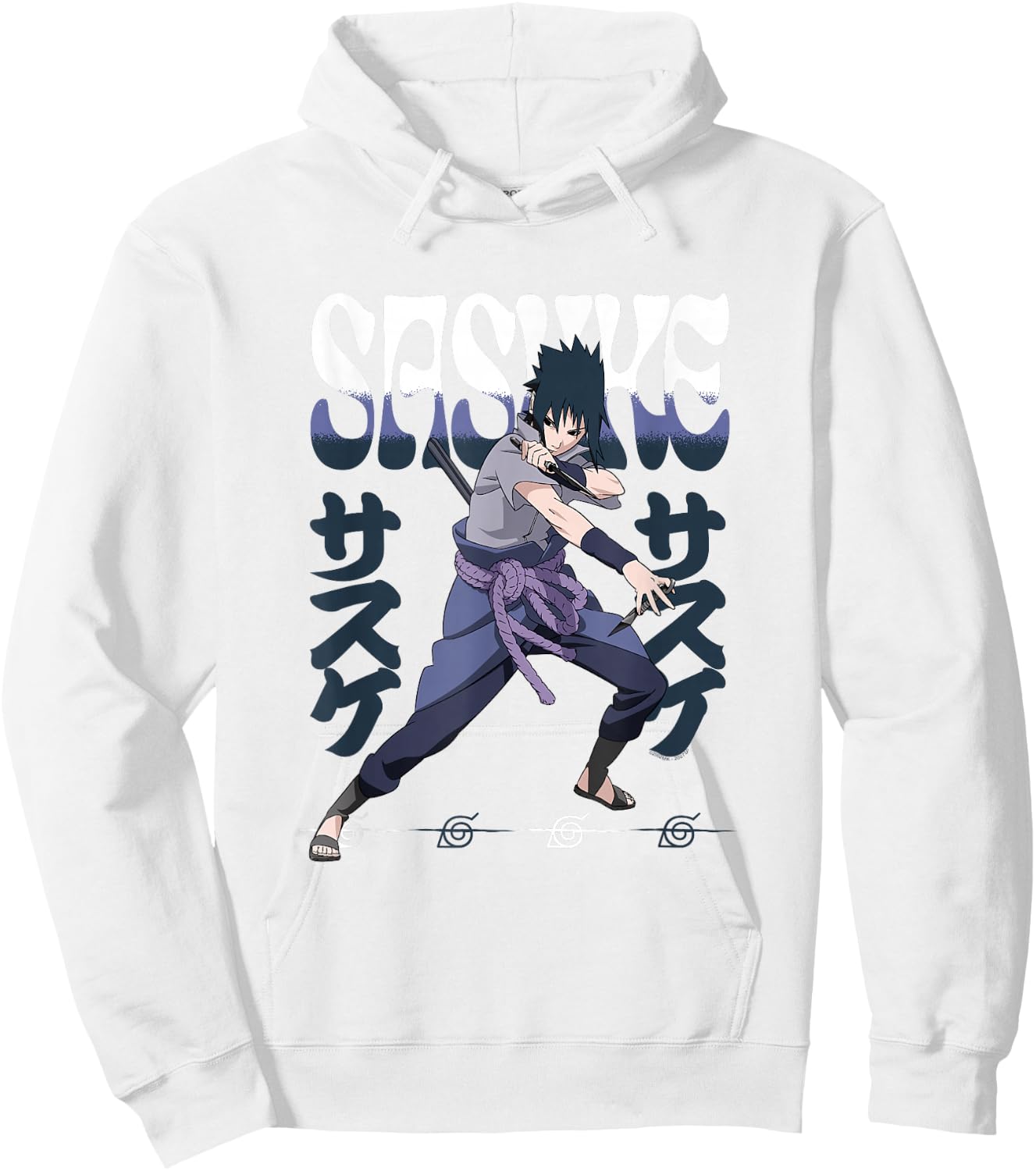 Naruto Shippuden Sasuke Attack Pose with Kanji Anime Hoodie - Hoodie | White
