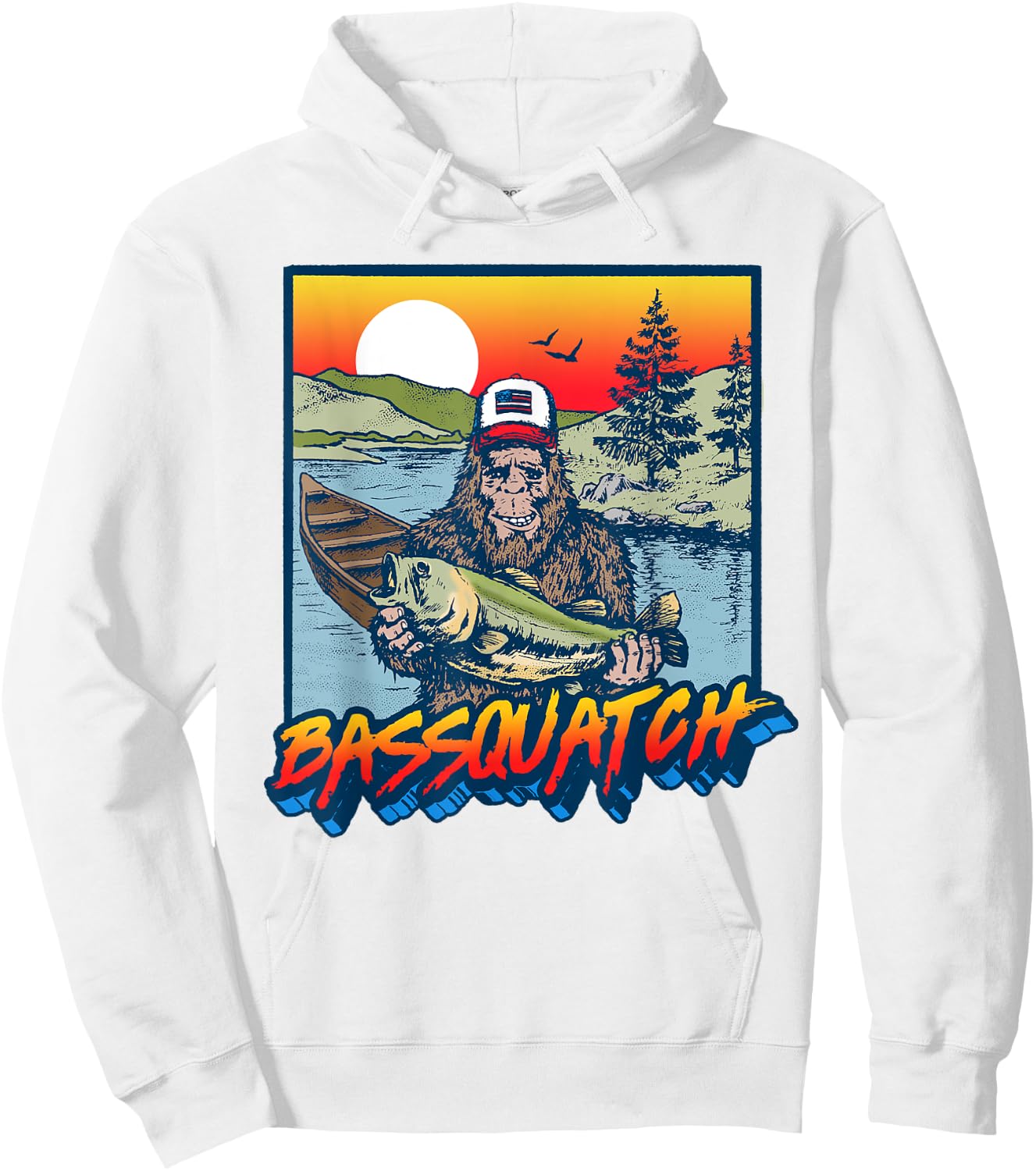 Bassquatch! Funny Bass Fishing Sasquatch Retro 80s Hoodie - Hoodie | White