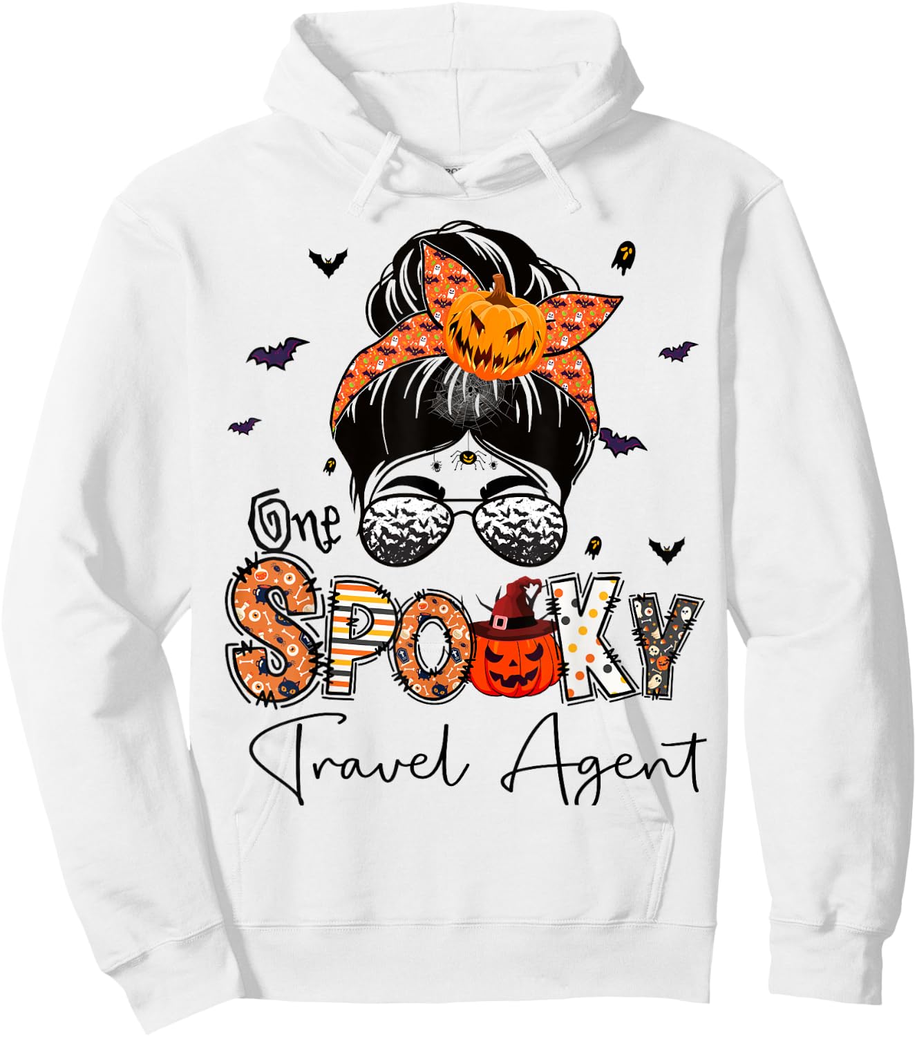 One Spooky Travel Agent Messy Bun Women Pumpkin Halloween Hoodie - Hoodie | White
