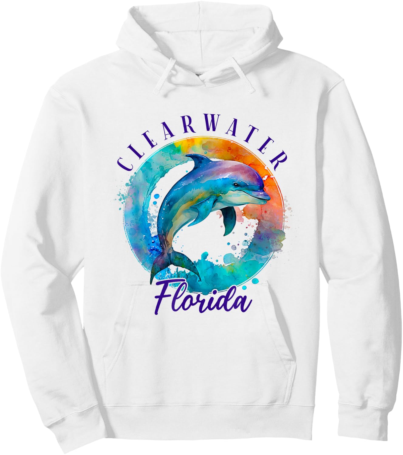 Clearwater Florida Happy Watercolor Dolphin Hoodie - Hoodie | White