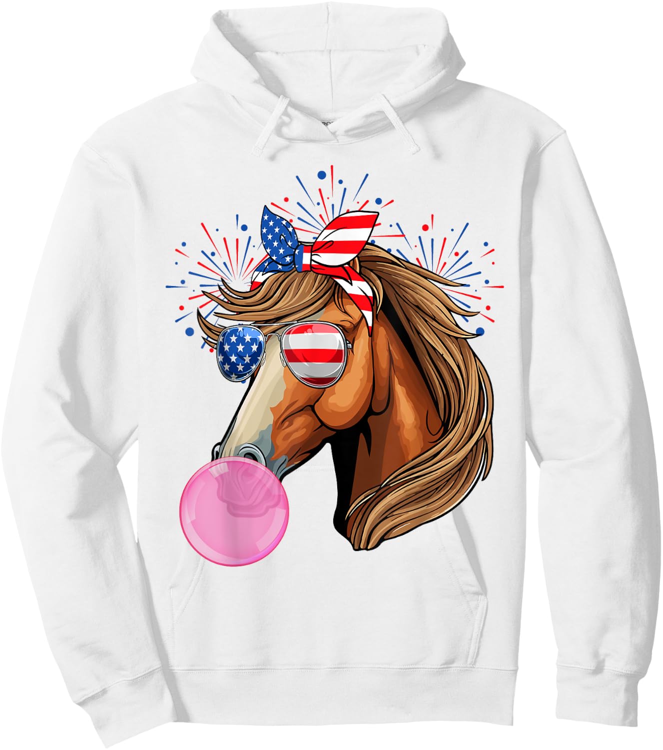 Horse Blowing Bubble Gum USA Flag Sunglasses Indepedence Day Hoodie - Hoodie | White