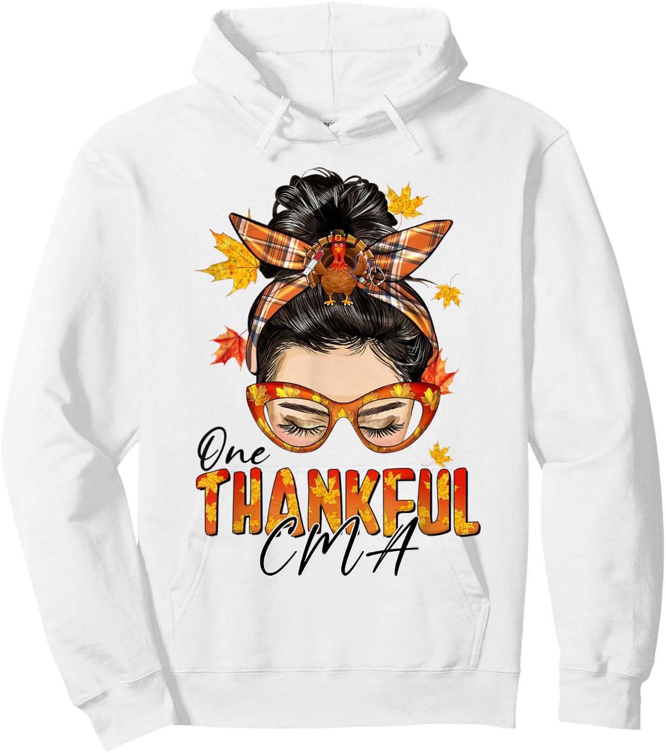 One Thankful CMA Turkey Messy Bun Fall Thanksgiving Hoodie - Hoodie | White