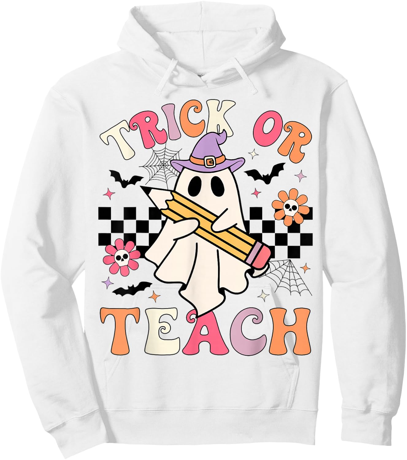 Trick Or Teach Groovy Teacher Halloween Retro Floral Ghost Hoodie - Hoodie | White