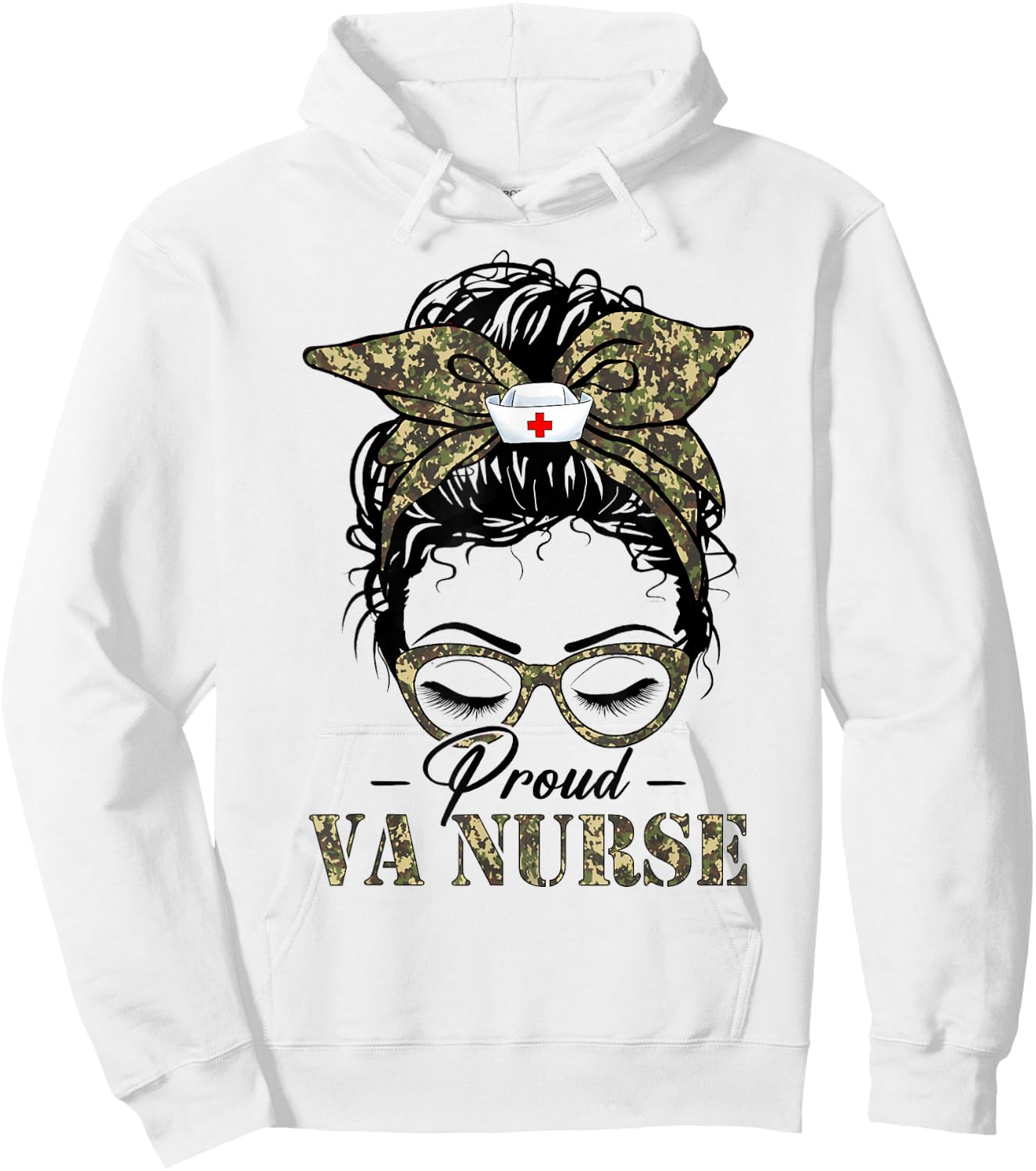 Funny Messy Bun VA Nurse Camouflage Print Army Nurses Women Hoodie - Hoodie | White