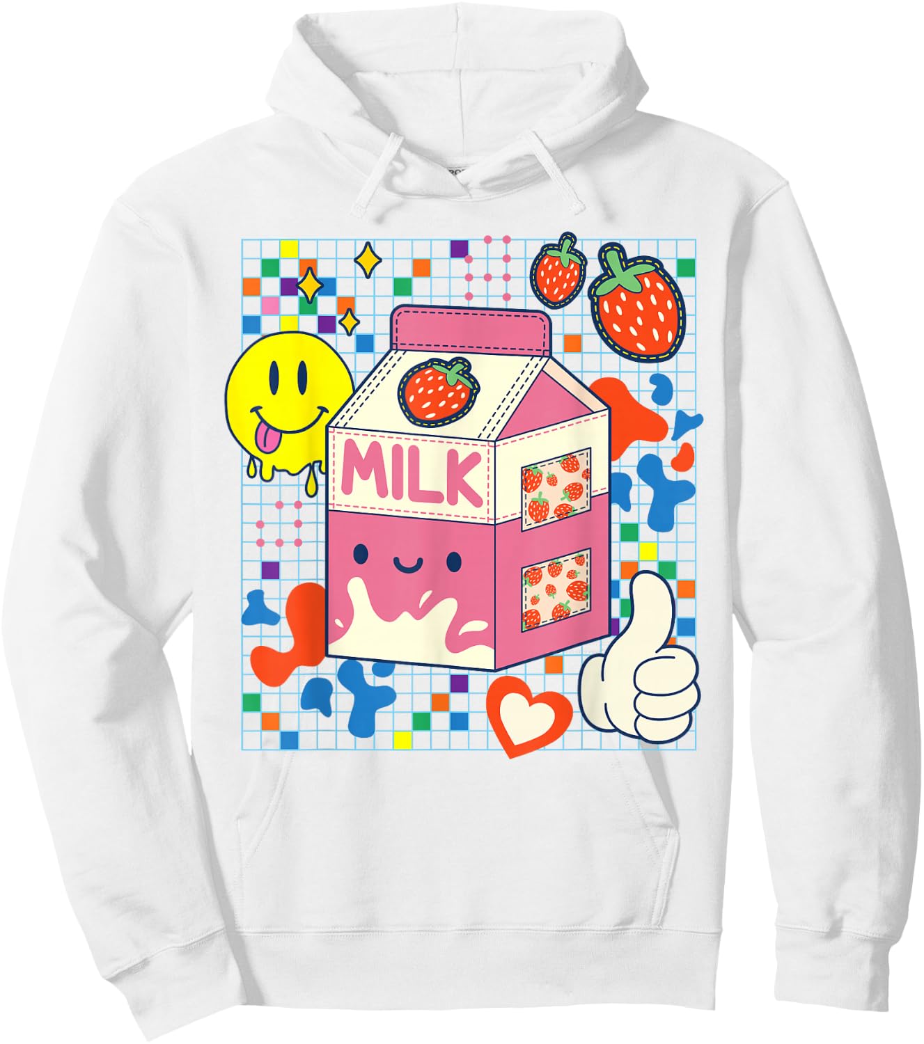 Kidcore Aesthetic Strawberry Milk Fabric Patches Decora Kei Hoodie - Hoodie | White
