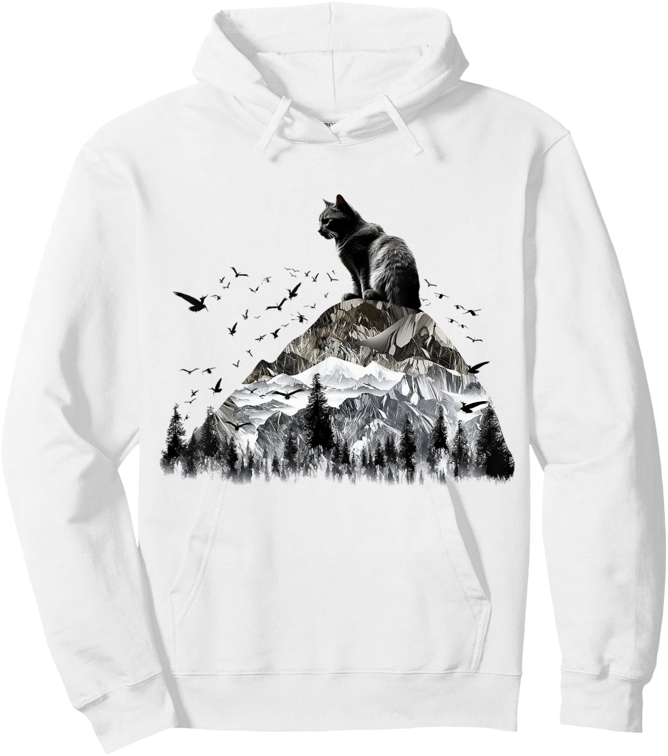 Cat Mountains Bird Artwork | Animal Motif Cat Hoodie - Hoodie | White