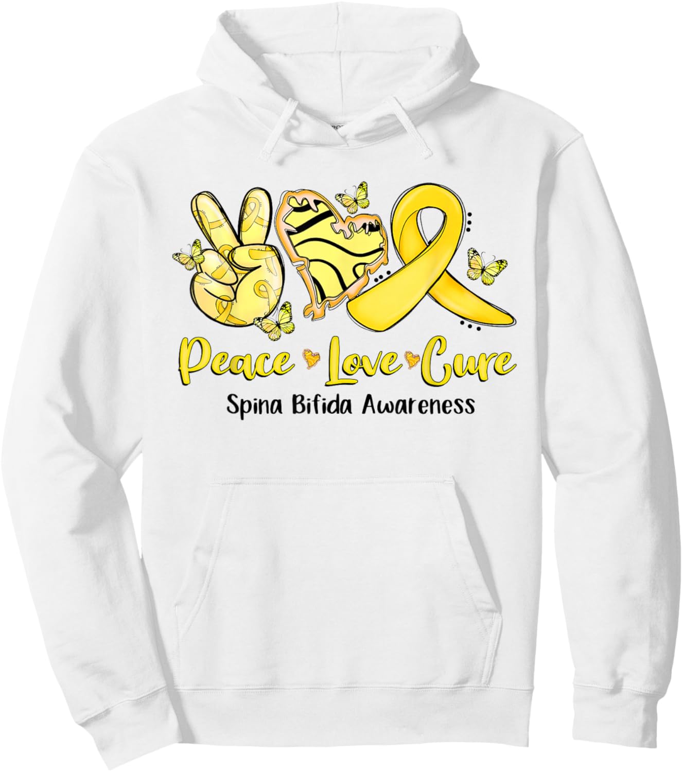 Peace Love Cure Yellow Ribbon Spina Bifida Awareness Hoodie - Hoodie | White