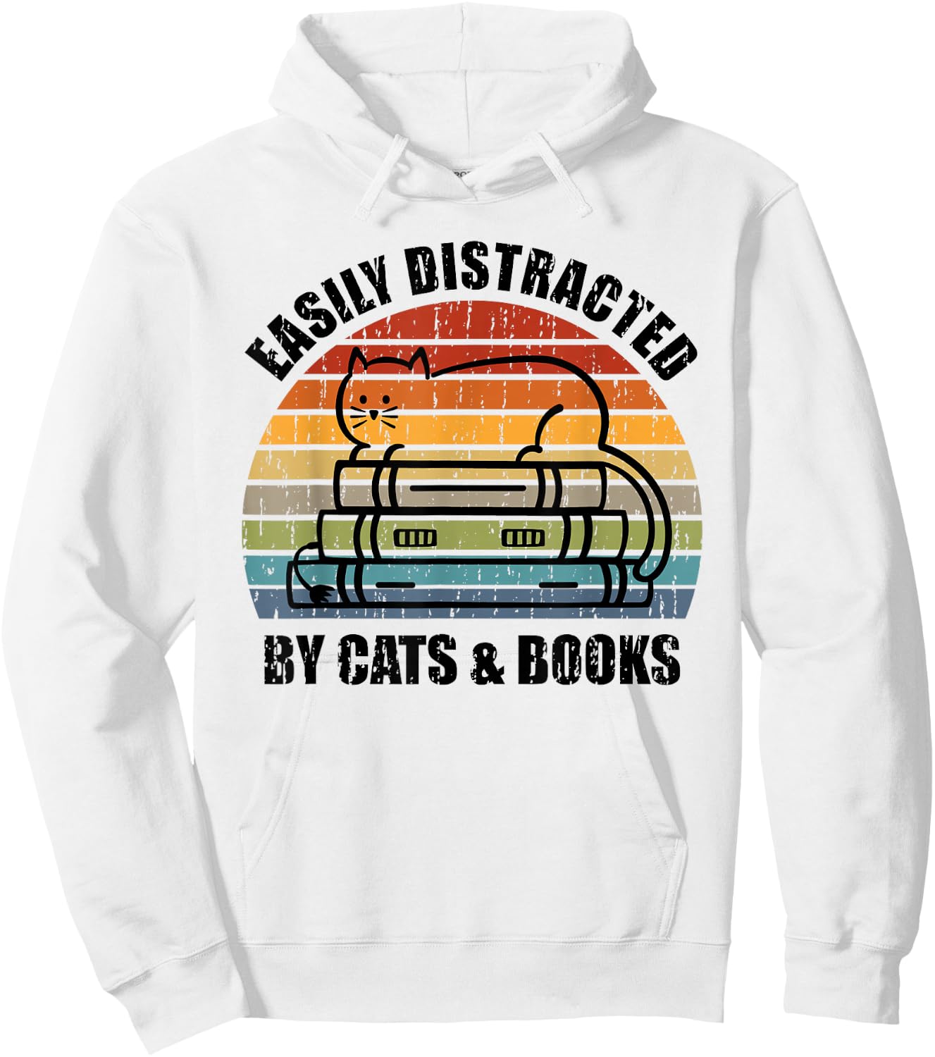 Easily Distracted by Cats and Books - Retro Cat & Book Lover Hoodie - Hoodie | White