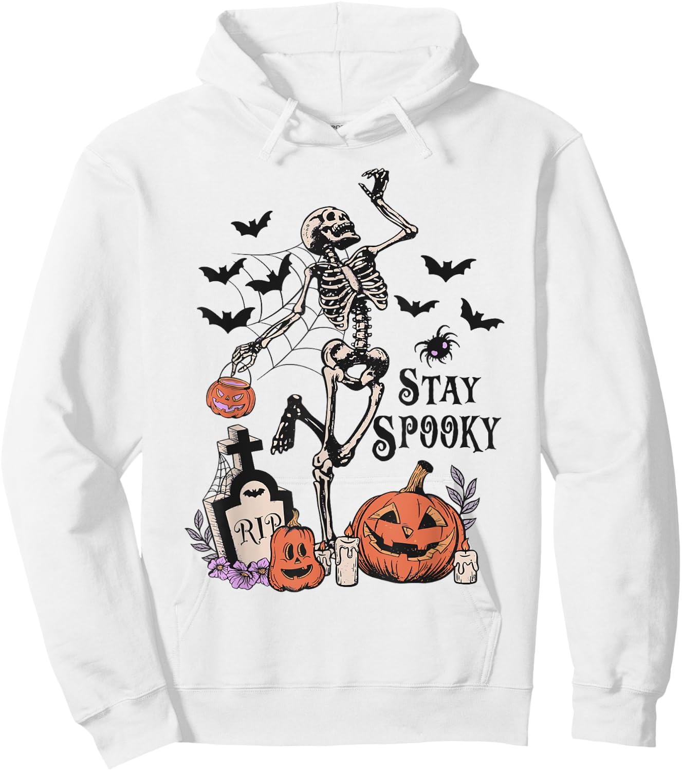 Dancing Skeleton Pumpkin Bat Tombstone Spooky Halloween Hoodie - Hoodie | White