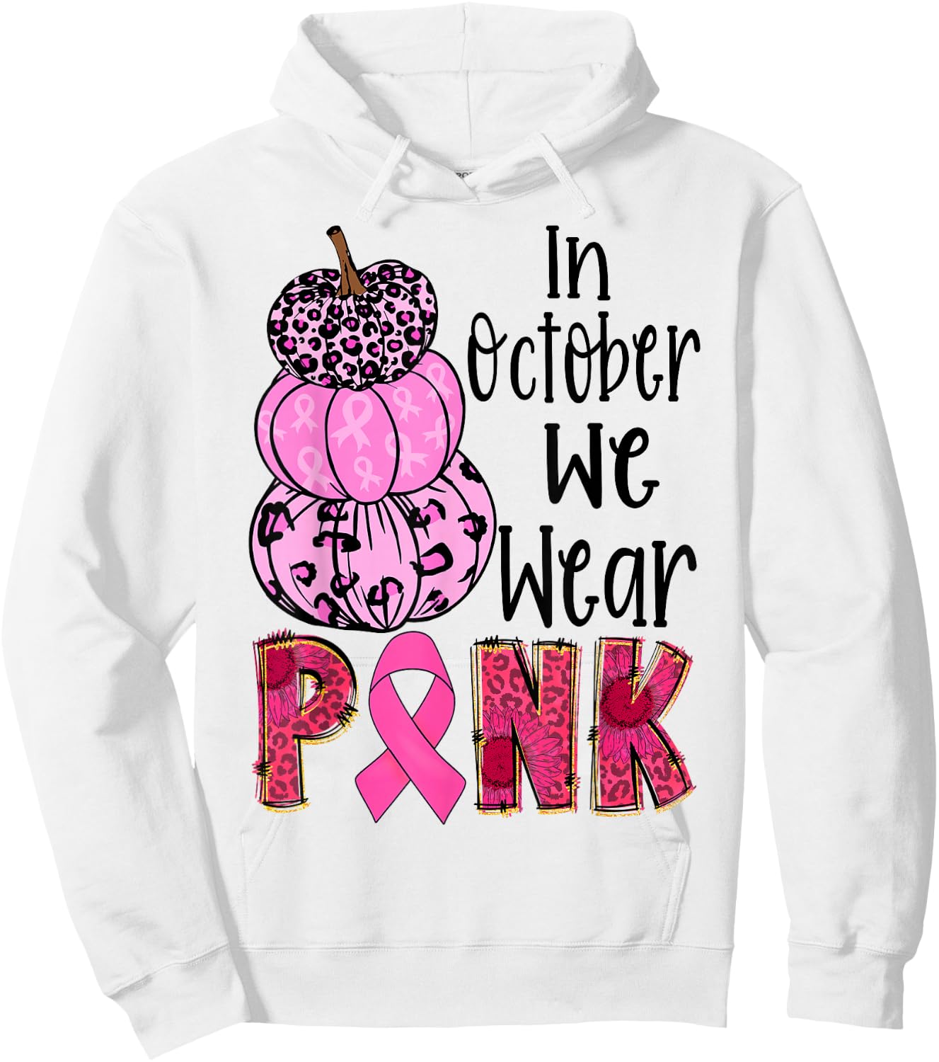 In October We Wear Pink Ribbon Leopard Pumpkin Breast Cancer Hoodie - Hoodie | White