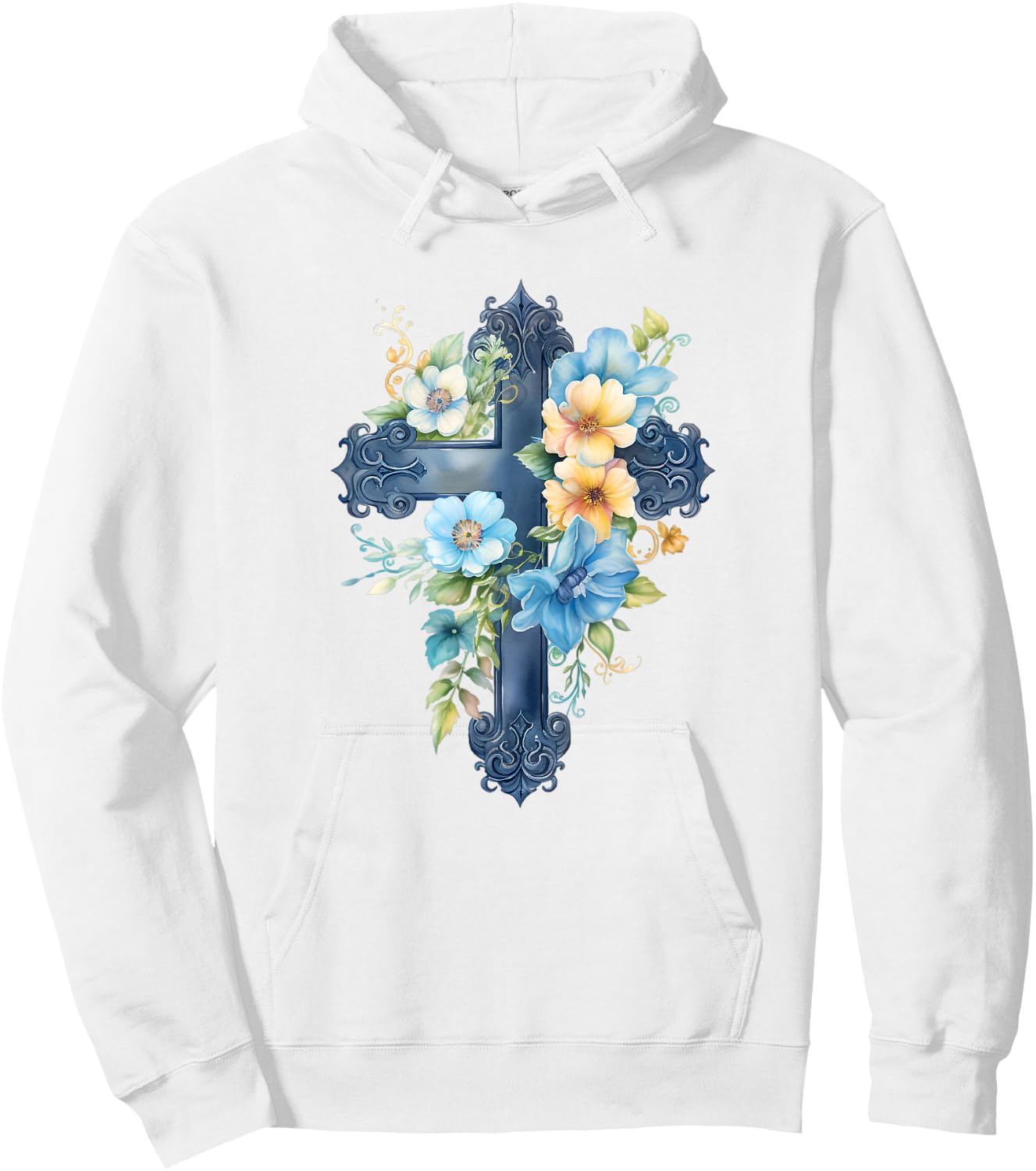 Catholic Watercolor Cross Graphic Women Floral Aesthetic Hoodie - Hoodie | White