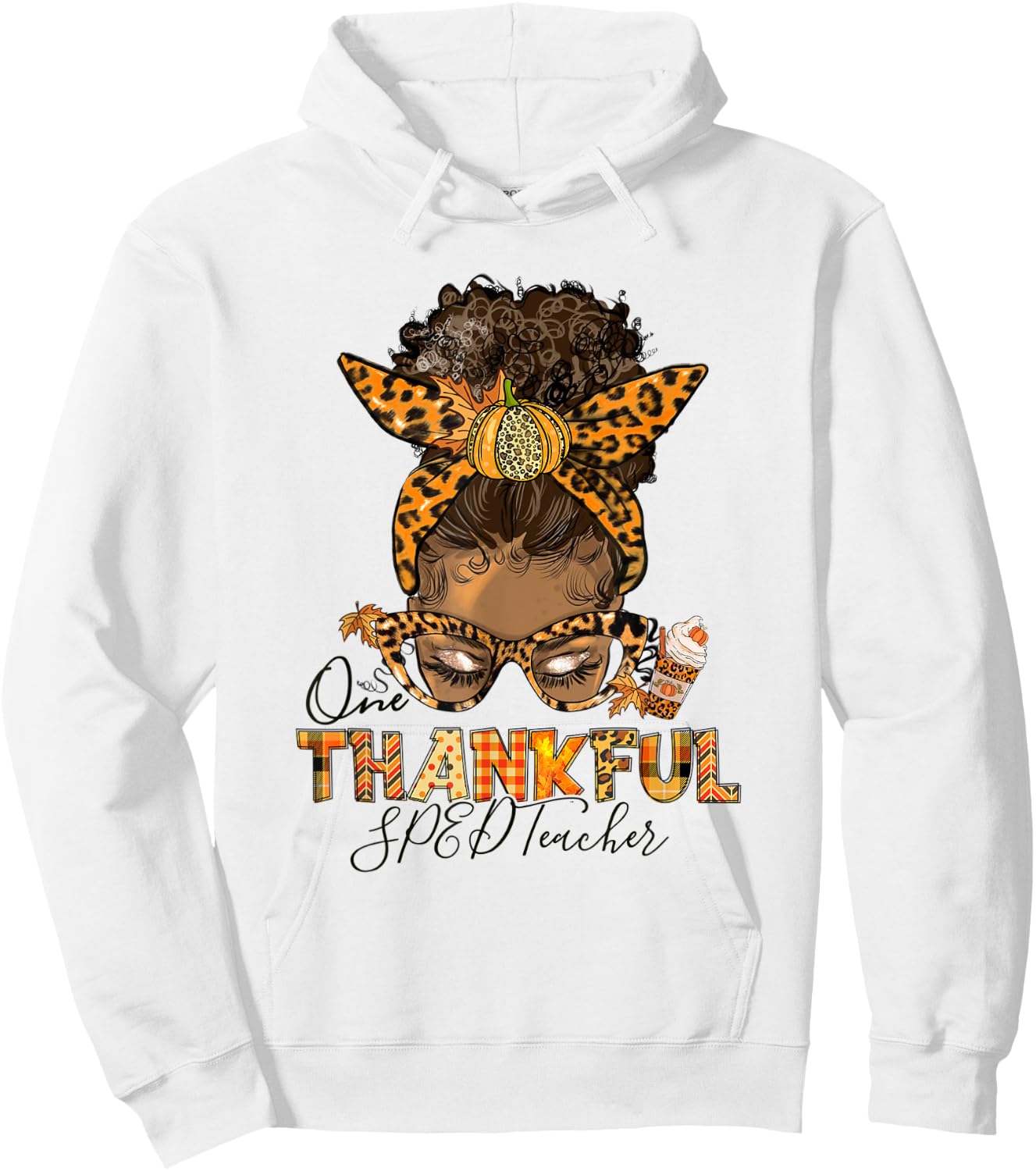 One Thankful SPED Teacher Messy Bun Thanksgiving Afro Women Hoodie - Hoodie | White
