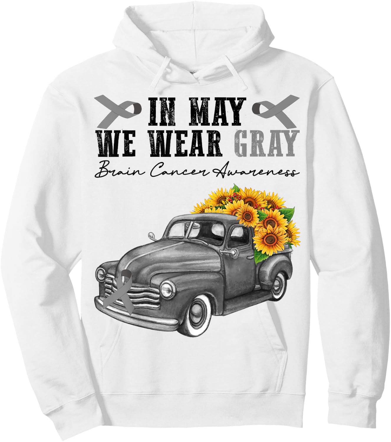 In May We Wear Gray Brain Cancer Awareness Day Floral Truck Hoodie - Hoodie | White