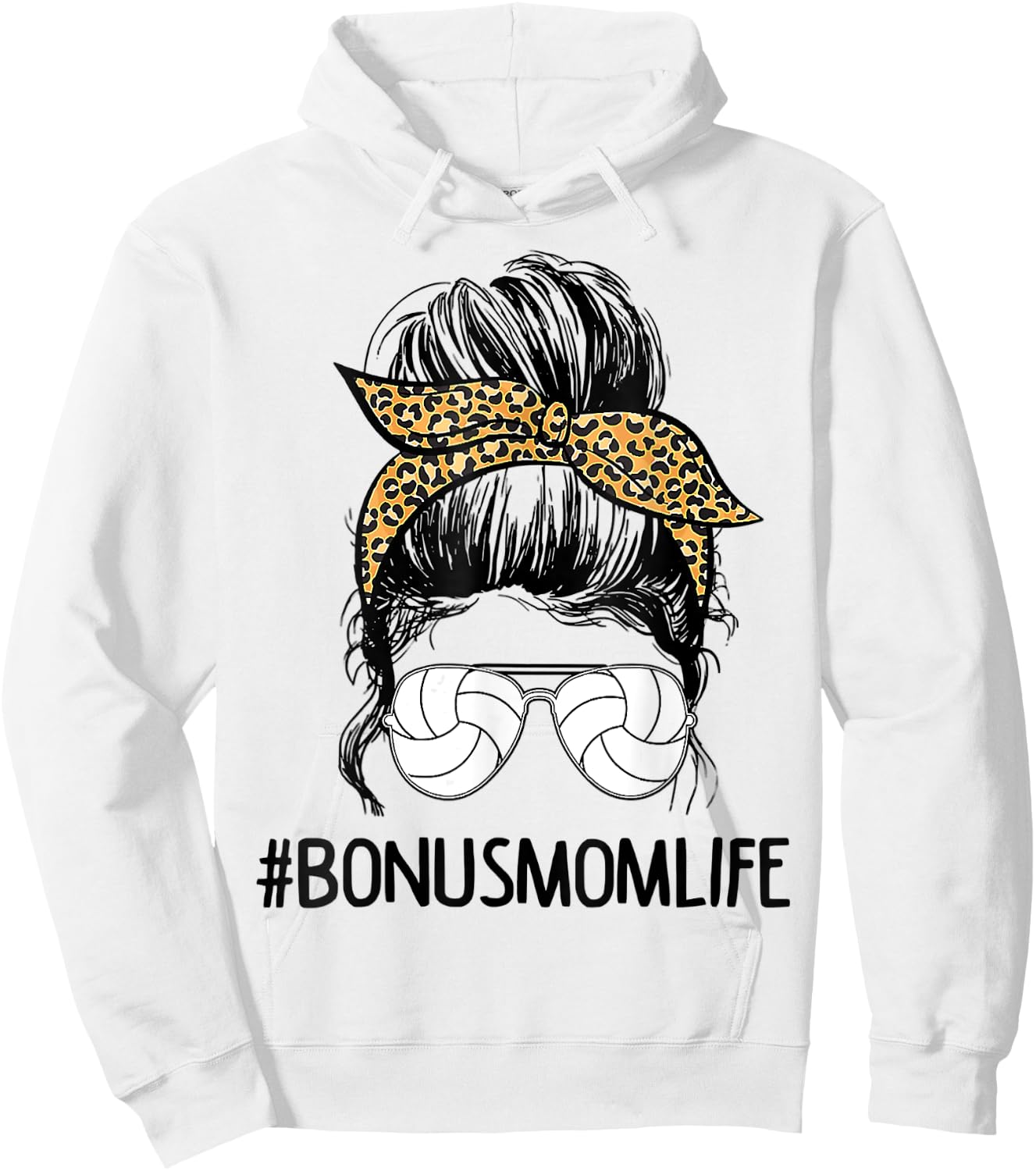 Volleyball Bonus Mom Life Messy Bun Leopard Mother’s Day Hoodie - Hoodie | White