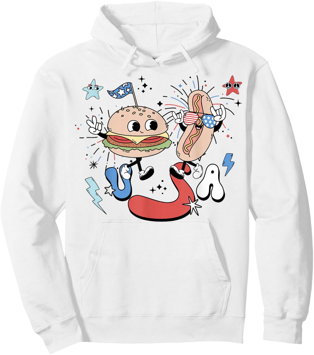 Retro USA Groovy 4th Of July Funny Hot Dog Hamburger US Flag Hoodie - Hoodie | White