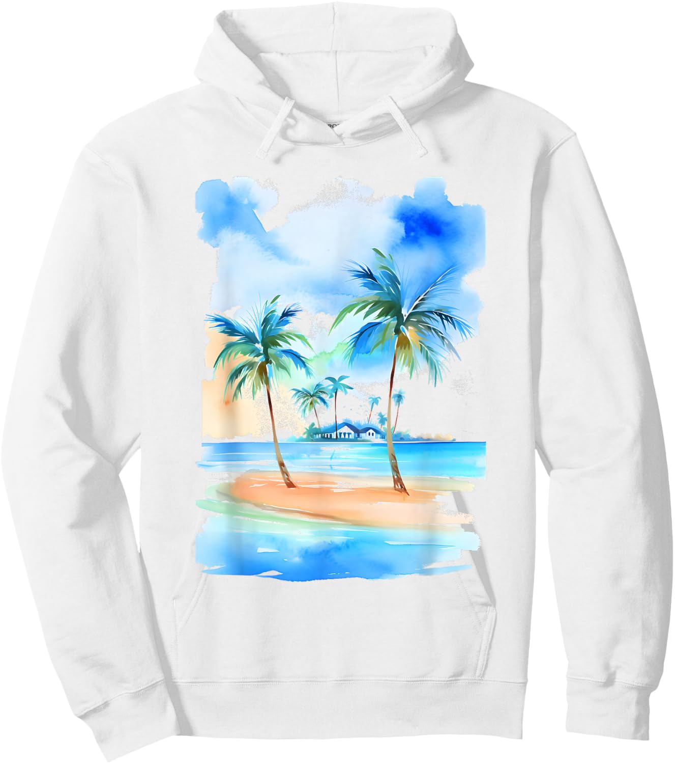 Palm Trees Tropical Beach Watercolor-Style Seascape Hoodie - Hoodie | White