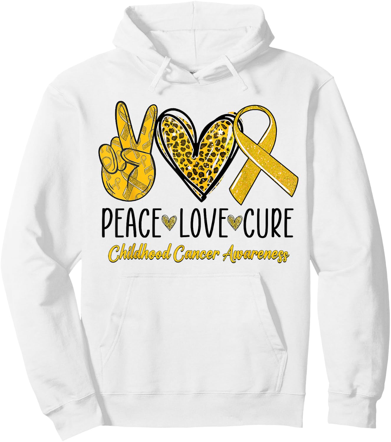 Peace Love Cure Childhood Cancer Awareness Gold Ribbon Hoodie - Hoodie | White