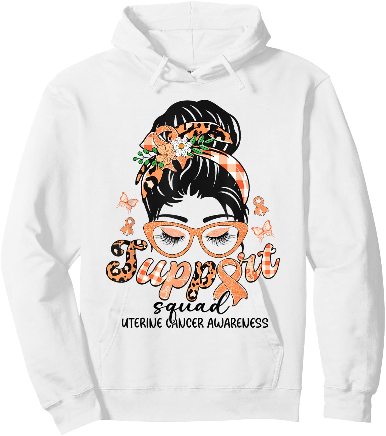 Support Squad Messy Bun Leopard Uterine Cancer Awareness Hoodie - Hoodie | White