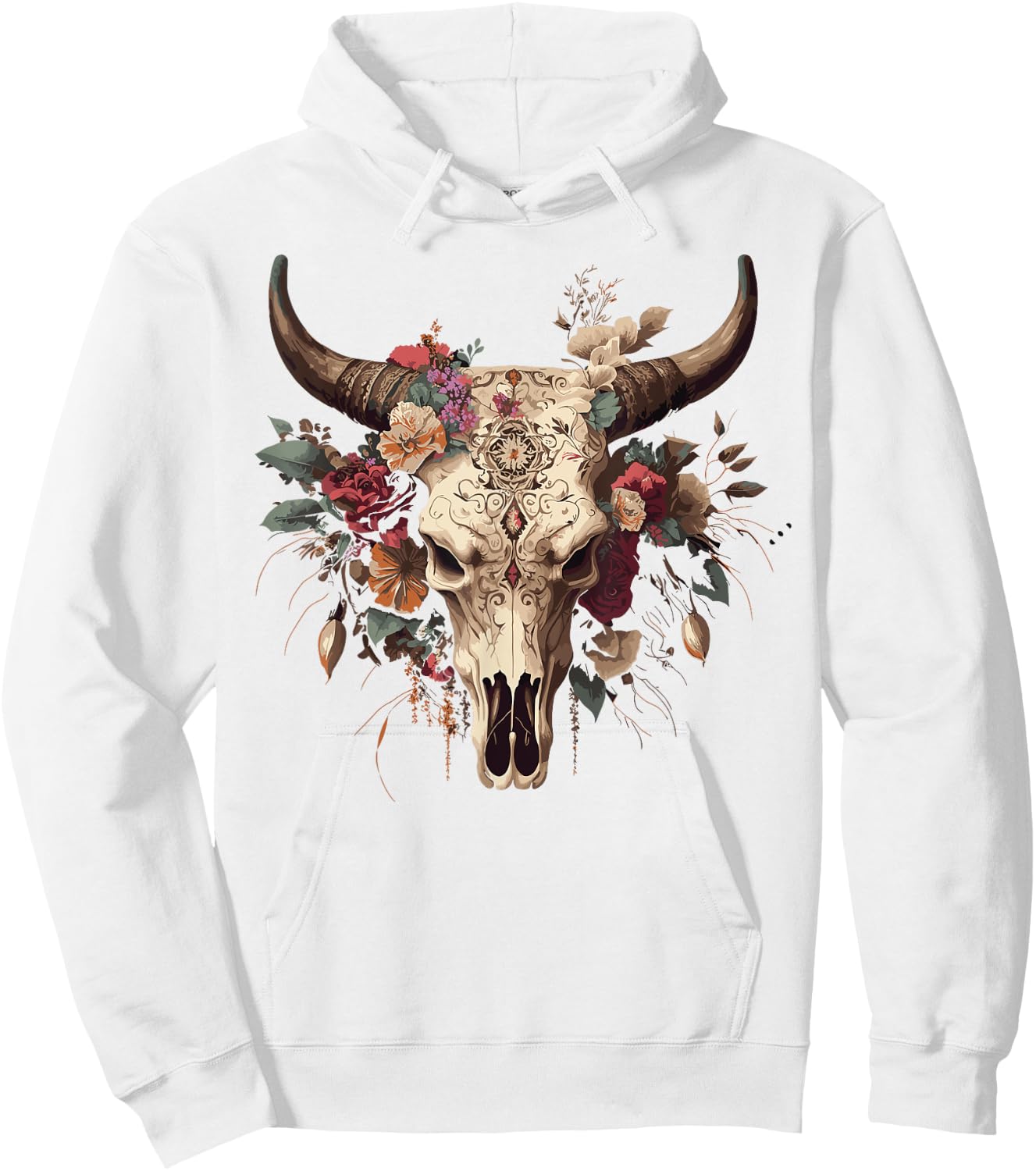 Highland Western Boho Cow Bull Skull Sunflower Cattle Animal Hoodie - Hoodie | White